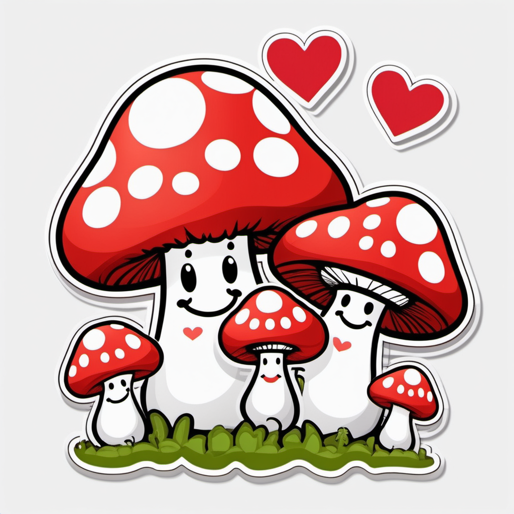 Sticker, Smiling red Mushroom family, with heart Spots, cartoon, valentine,contour, vector, white 
background 