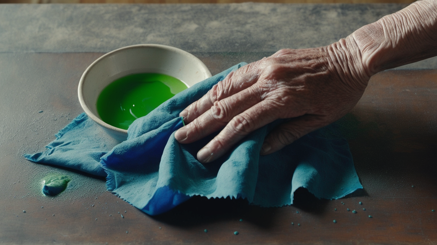 image of an older hand holding a blue cleaning cloth wiping a super dusty table. With bowl beside with green liquid
