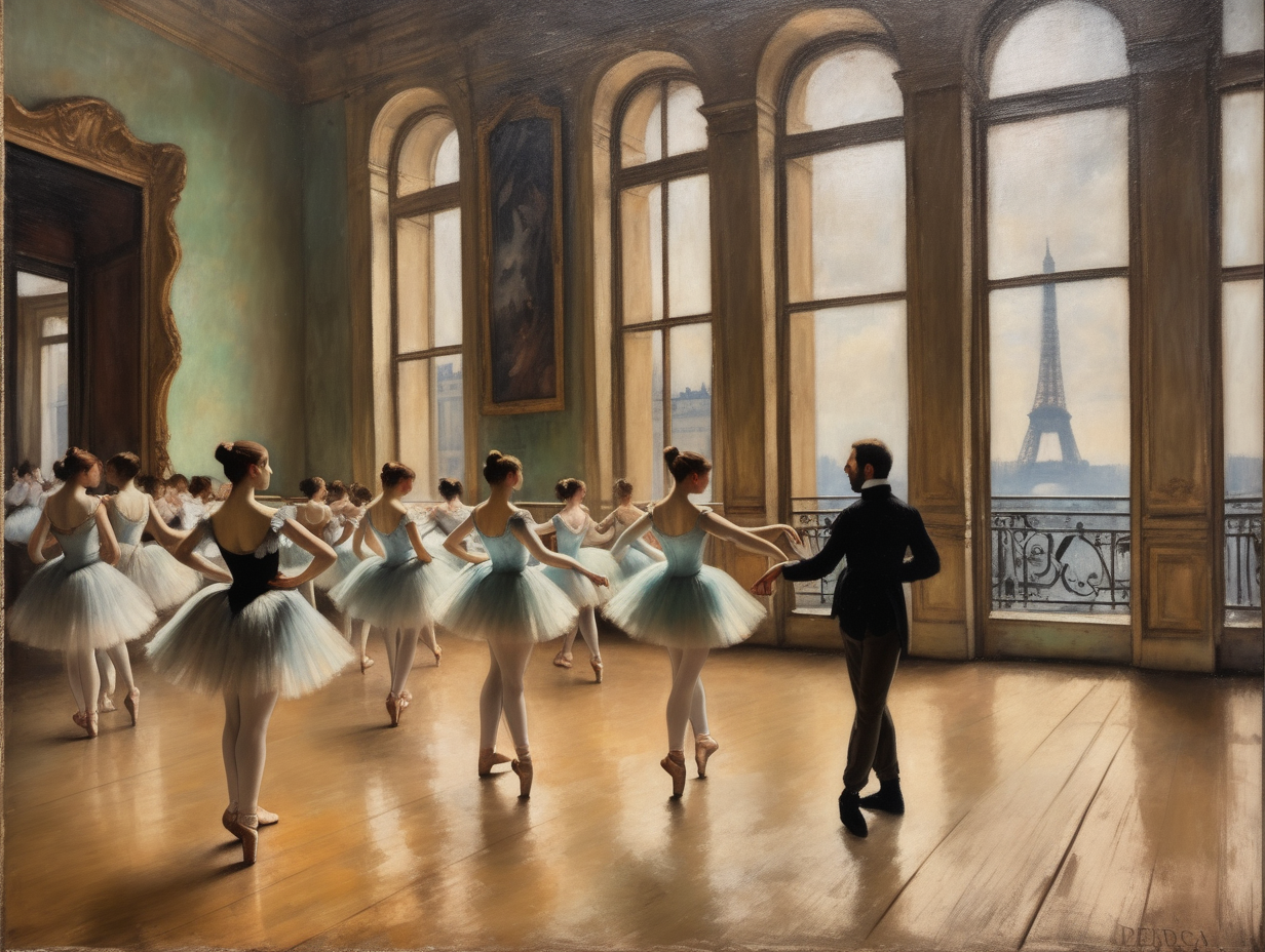  Peinture à l'huile sur toile vieilli  ,style Degas, danseuses sur pointes, fenêtres opéra de Paris en arrière plan, parquet ancien