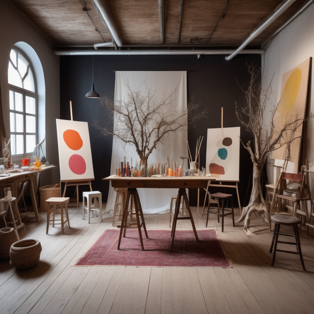 Big creative atelier space with different small furniture and accessories placed in a theatre setting on clothes with an old wooden Floor. Vases with big branches. floorlamps, hockers, small table, a colorful art work. 
