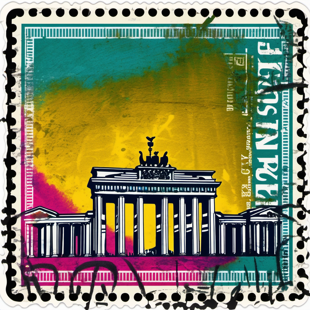 stamp with brandenburg gate, berlin, abstract, colourful, disstressed edges