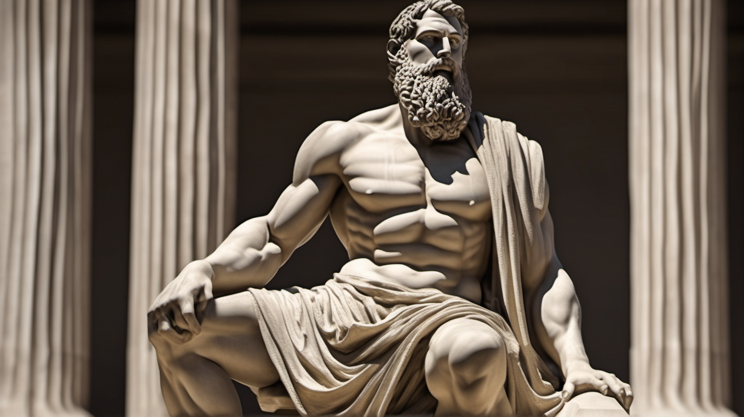 ﻿
Image of a full-body statue depicting a muscular, bearded man sitting at stone. The statue should be in the style of ancient Greek art, characteristic of Stoicism. It should feature clothing elegantly draped over one shoulder. The background should be dark, highlighting the statue as the central element. The statue must demonstrate exceptional
craftsmanship, with intricate details visible in the facial features and attire. The image should have a dramatic feel, achieved through the interplay of light and shadow. The perspective should be a wide shot.