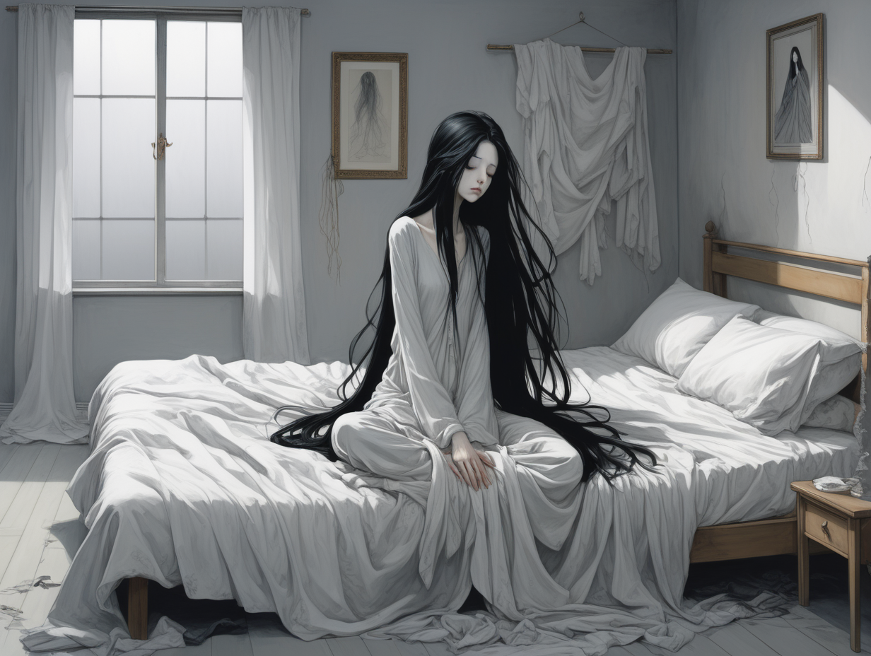 Chica,pelo negro largo , pálida, delgada, el estilo artístico es de Amano con técnicas de pintura clásica. Se despierta en su cama y se está tapando los ojos con la manos porque está llorando , tiene el pelo despeinado , las sábanas de la cama son blancas y la habitación gris. La habitación es minimalista