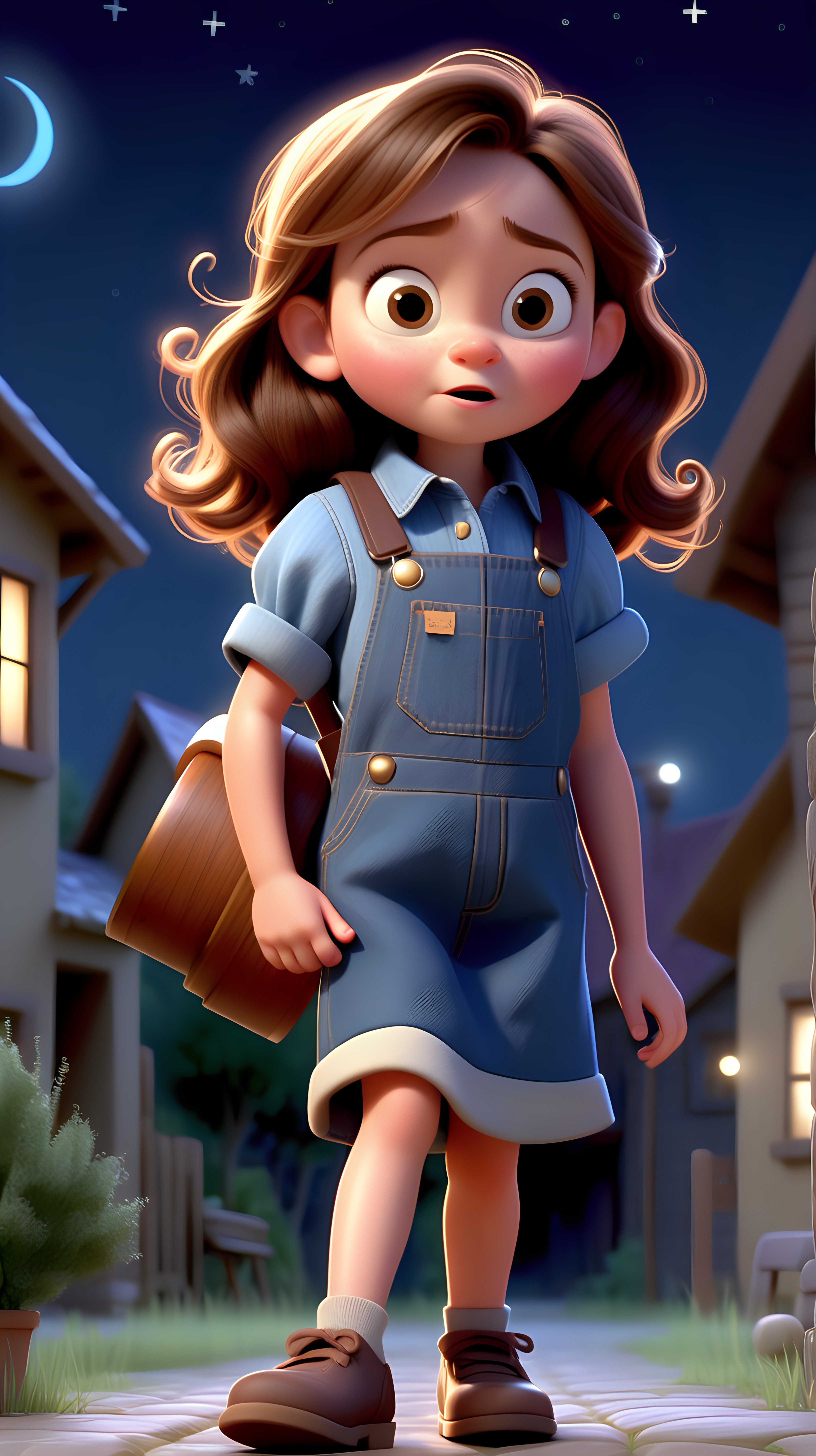 imagine 4 year old small girl with brown hair, fair skin, light brown eyes, wearing a denim dress overall, and a blue shirt, use Pixar style animation, make it full body size, in a village at nightholding a telescope, zoom out the image