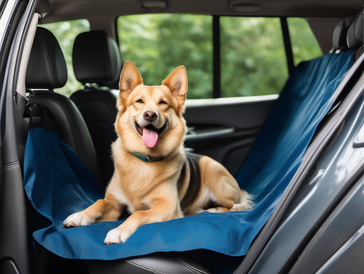 Create an image of a dog relaxing on the back seat of a car. The back car seat is protected with a car seat cover. The cover color is dark blue. The dog is of a large size, looks happy and relaxed, with the tongue out, laying on the mat sideways to the camera, looking to the right, turned away from the camera. The color of dog is beige. The weather outside is bright and sunny.