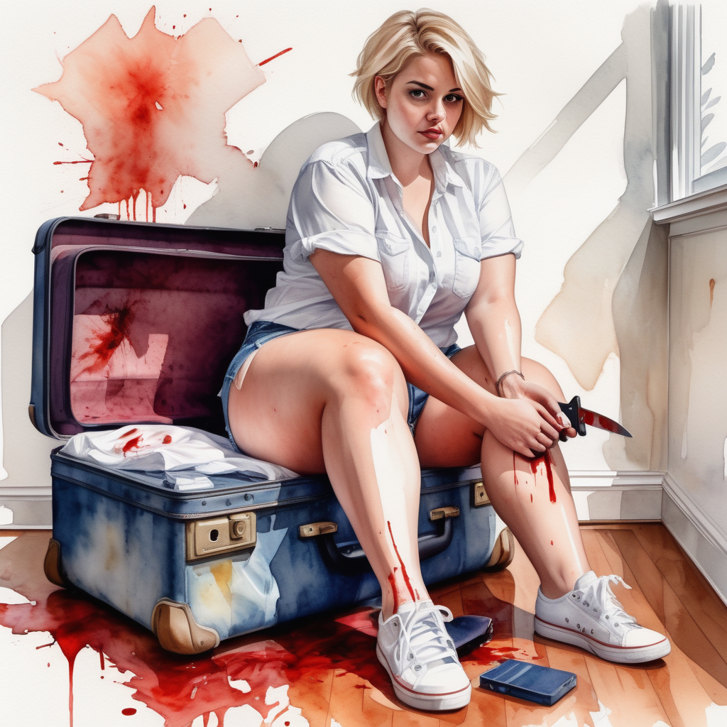 sexy curvy blonde woman, short hair, wide hips and big ass, white shirt, denim shorts and sneakers on her feet, with a knife in her blood-stained hand, sitting with her legs open on top of a large suitcase lying on the floor of a living room in a house, image based in watercolor paint.