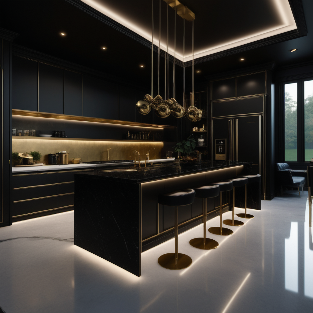 hyperrealistic of a modern Bruce Wayne inspired mansion kitchen; mood lighting; Black and brass
