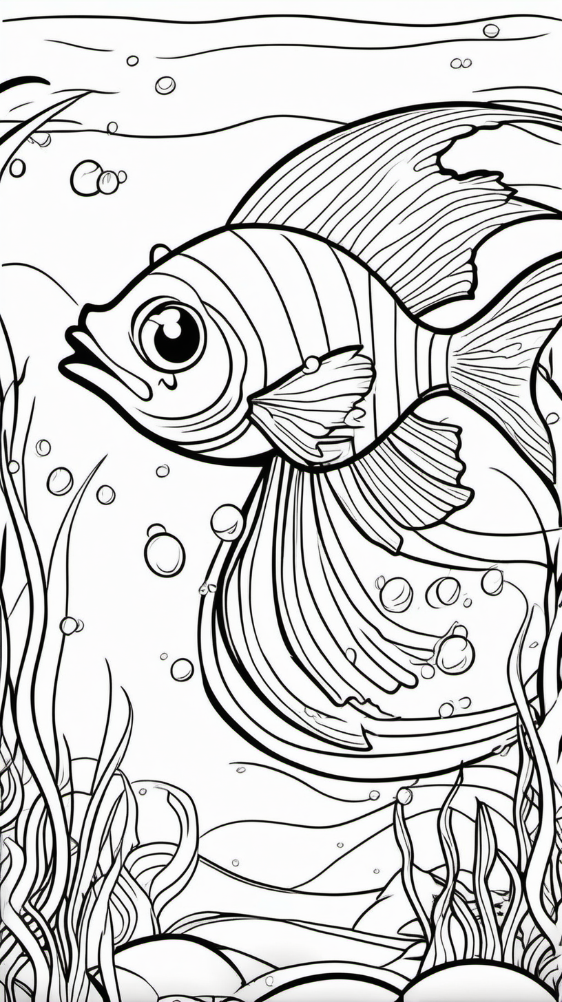 A children's coloring book about beautiful and fun fish in the seas that celebrate Halloween. The background is white and the drawing is in black, with a precise line. The size is 9 inches to 16 inches and without shadow. It consists of 30 pages. 