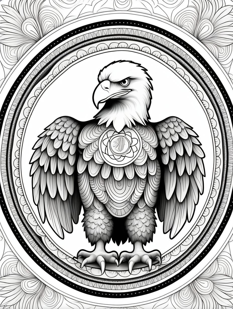 american eagle inspired mandala pattern, black and white, fit to page, children's coloring book, coloring book page, clean line art, line art, no bleed