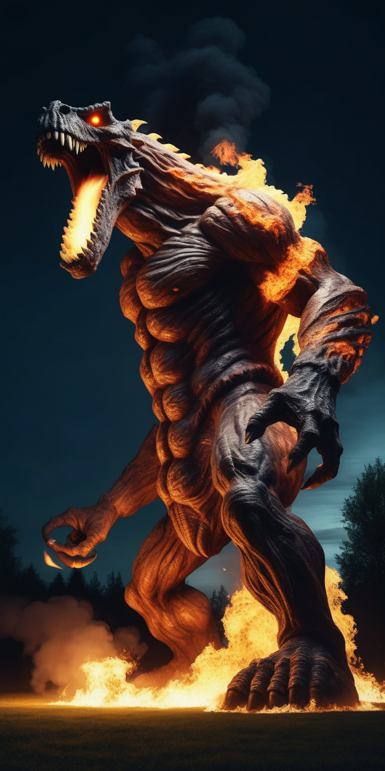 Realistic aggressive huge fire breathing giant at night