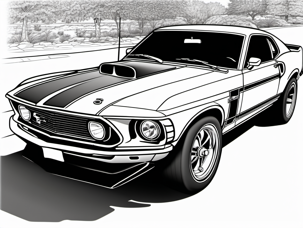 coloring page, classic American automobile, 1969 Ford Mustang Boss 302, clean line art, no shade