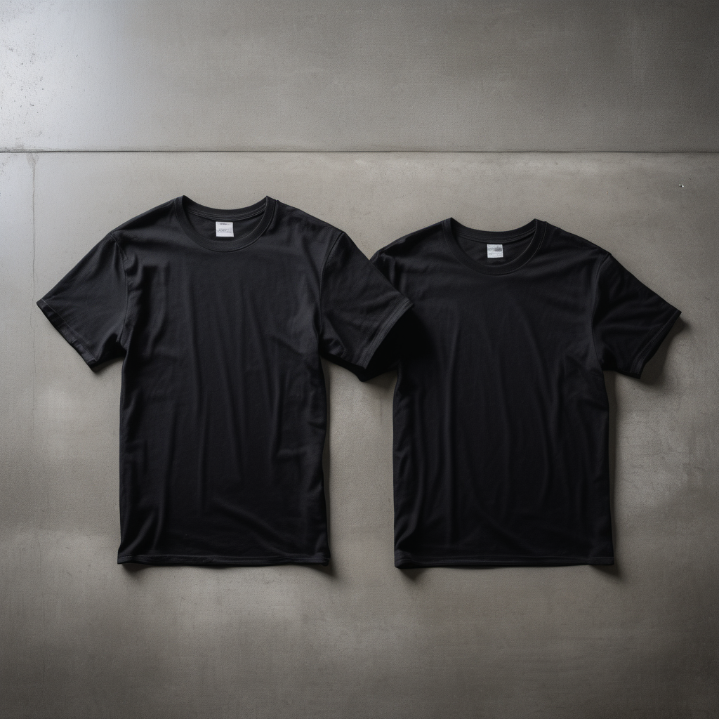 front side of 2 black t-shirts on concrete floor