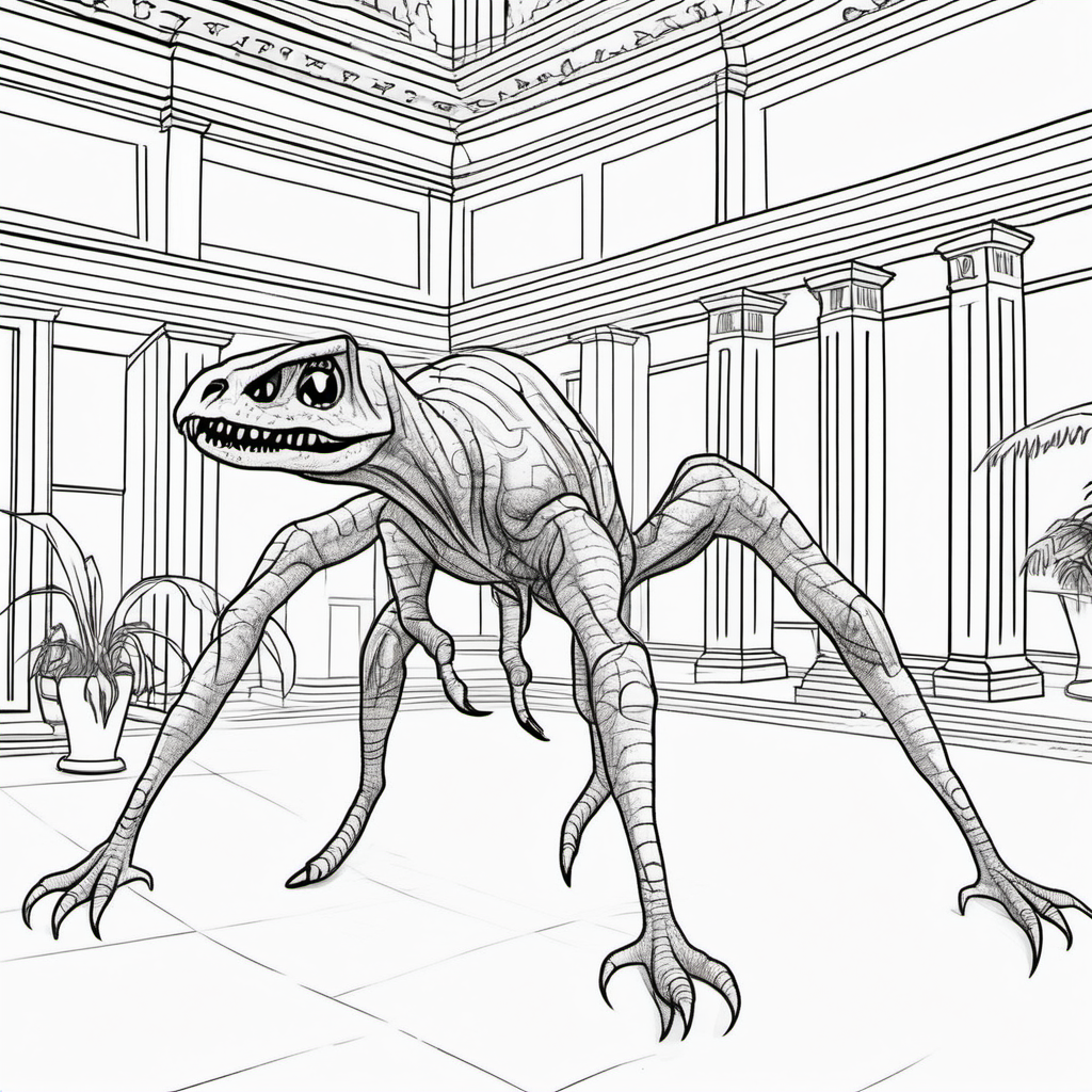 A dinosaur spider, in the building lobby, coloring book pages
