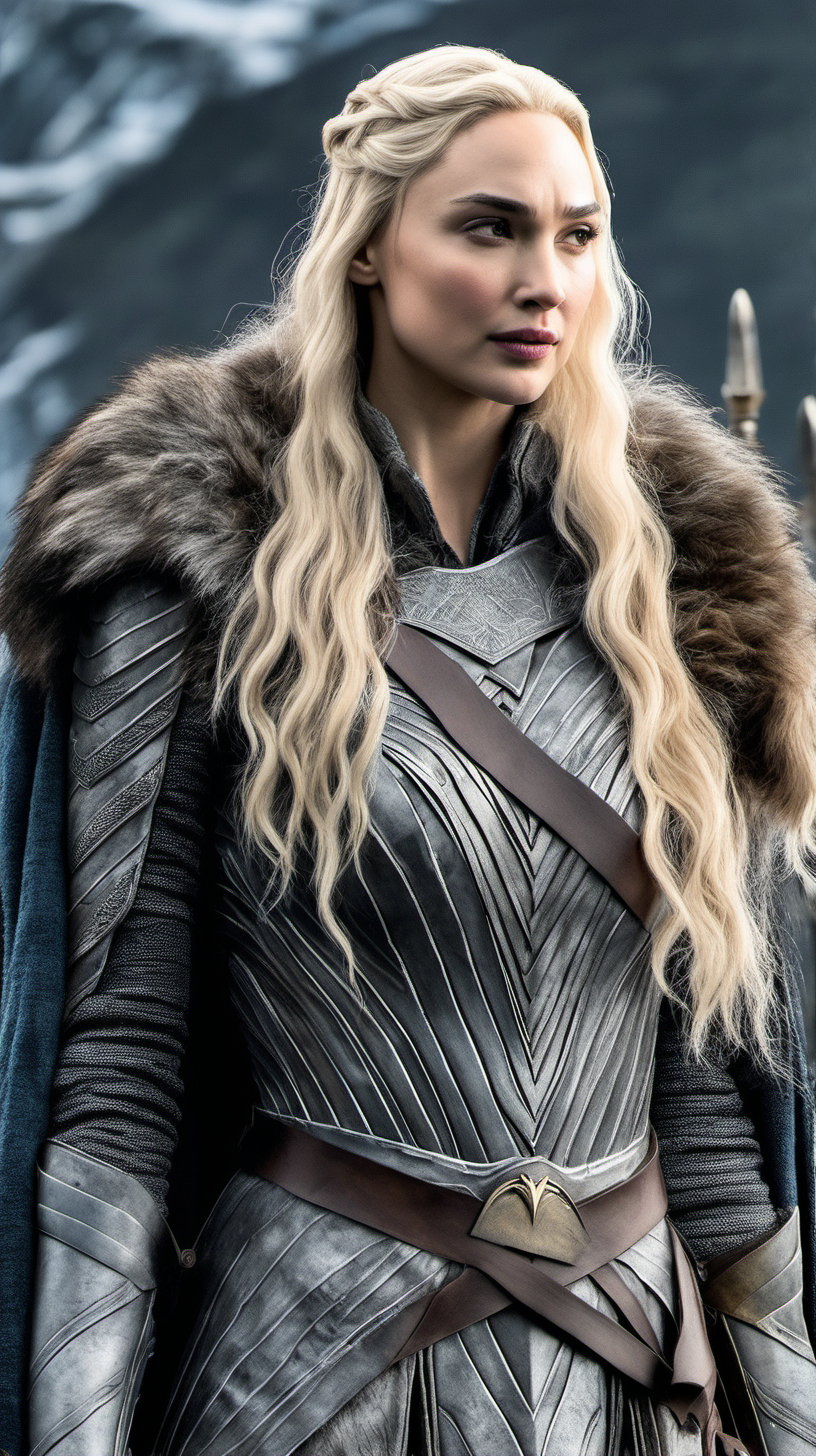 Gal Gadot, with waist-length white-blonde hair, standing with Sansa Stark