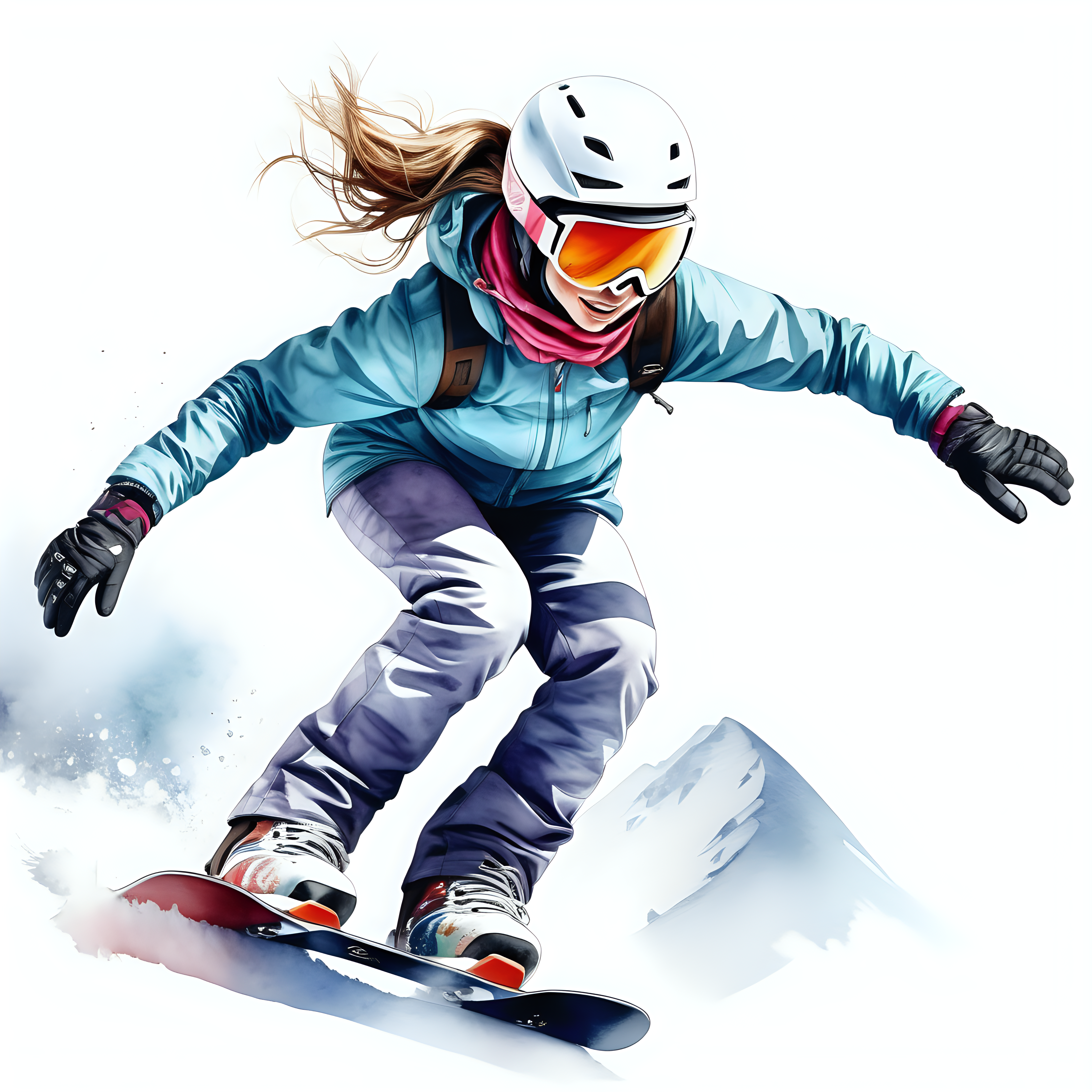 white backgroundcreate a realistic illustrationdetailed shot of snowboardwomanEva