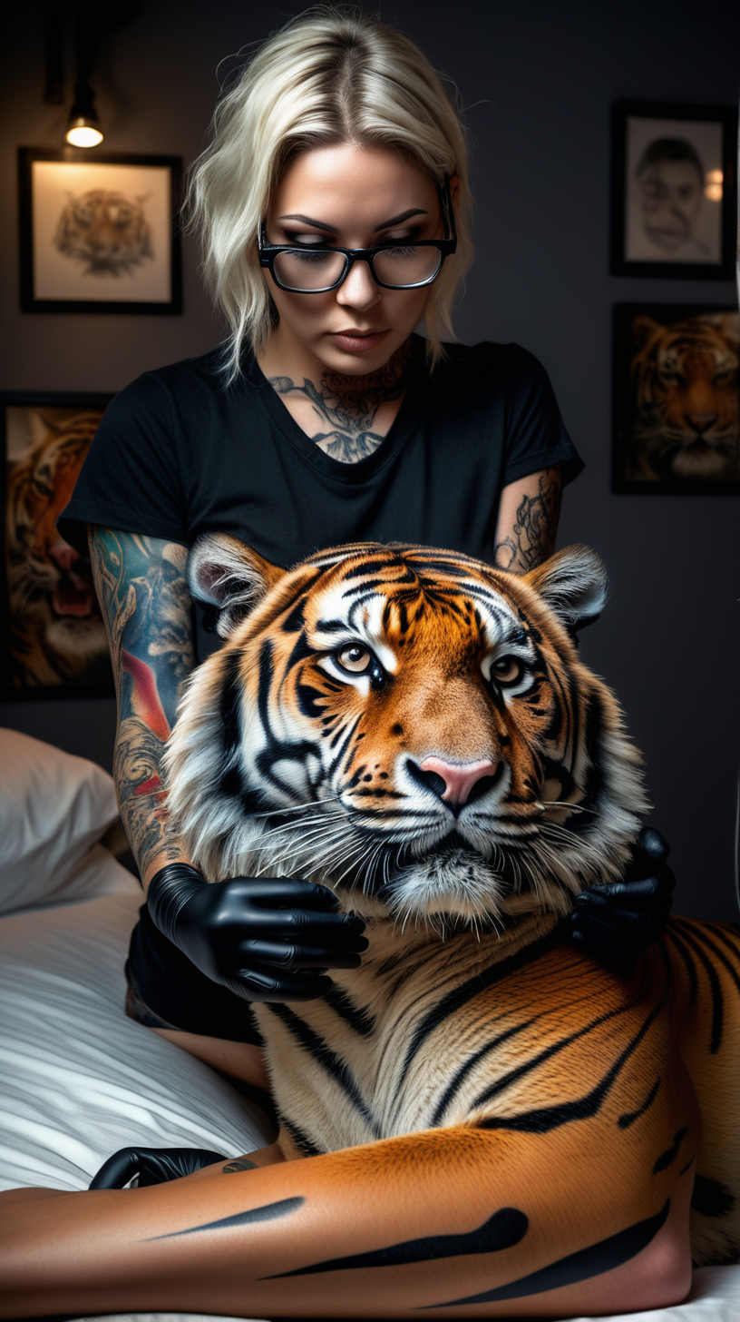 /imagine prompt :An ultra-realistic photograph capturing a sureal Tattoo performance scene. a human tattooing a tiger 
<camera> canon 5d mark III, equipped with an 85 lens at F 5.8 aperture setting
<location> a  tattoo studio beside an crowed street
<light> Soft spot light gracefully illuminates the subject’s body, casting a dreamlike glow.
/describe : a beautiful  woman that she is a tattoo artist with glasses and black shirt ,has black nitrile gloves, has a black surgical mask, seated beside the  client bed, tattooing on a real wild tiger's body! a golden tattoo machine in his hand.
–no tattoos on head 
 woman  has natural beauty with beautiful blonde short hair  .
a real tiger laid gently on tattoo client's bed same as a tattoo client to taking tattoo on its body creating a sureal scene.
The background is black , absolutely blurred, highlighting the subjects.
The image, shot in high resolution and a 16:9 aspect ratio, captures the subject’s natural beauty and personality with stunning realism
–seed<>
–ar 9:16 –v 5.2 –style raw
