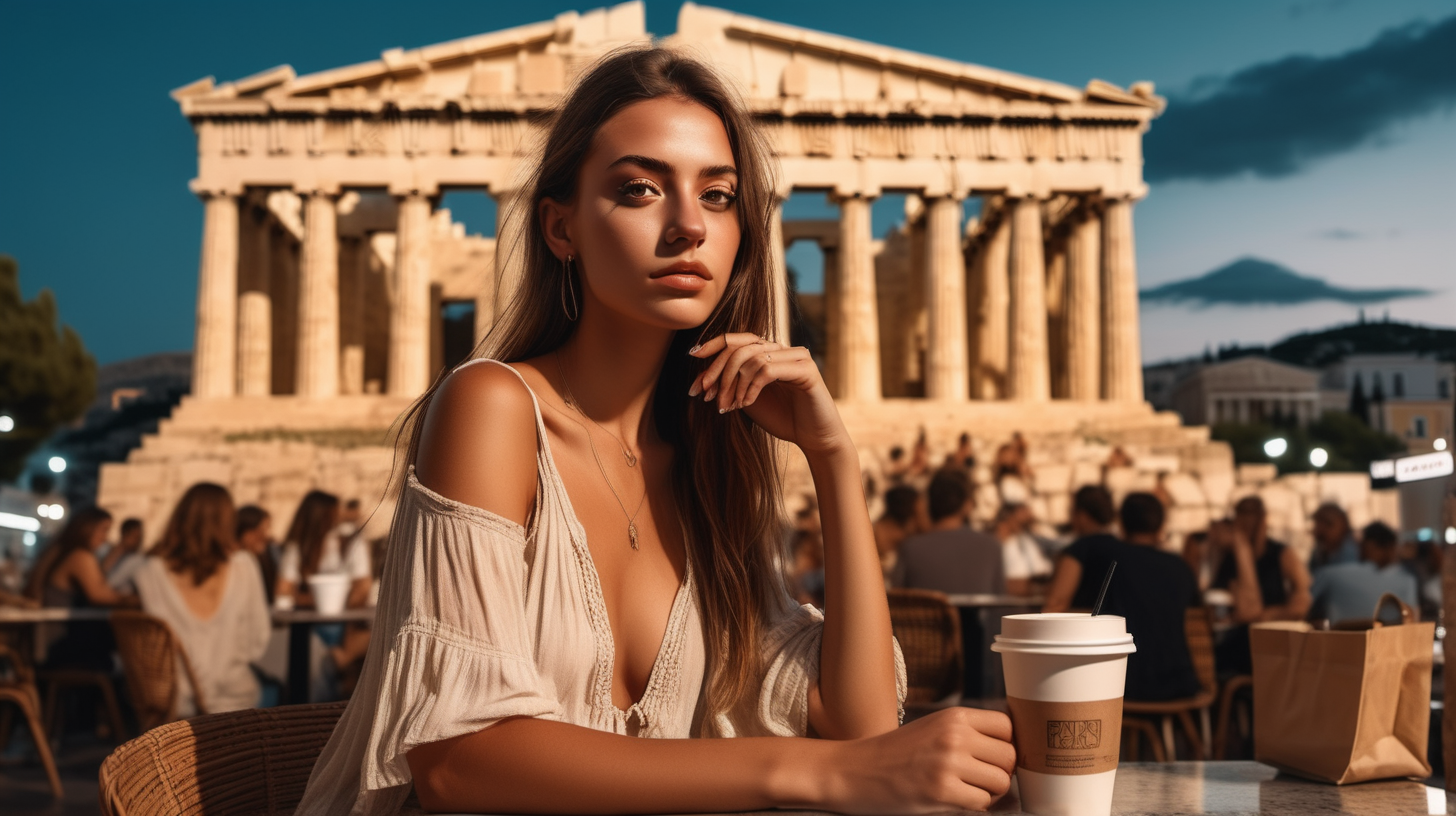 post classic, portrait photography, boho outfit, super realistic woman, sitting in a street coffee shop in modern Athens, dusk blurred Parthenon in the background. Perfect body, simetric, no more fingers on hand.  The lighting in the portrait should be dramatic. Sharp focus. A ultrarealistic perfect example of cinematic shot. Use muted colors to add to the scene.