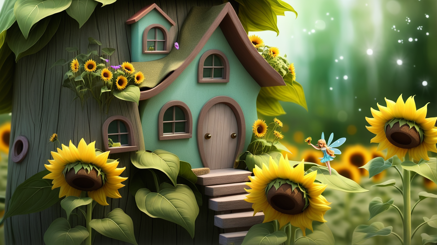 sunflowers with a fairy house