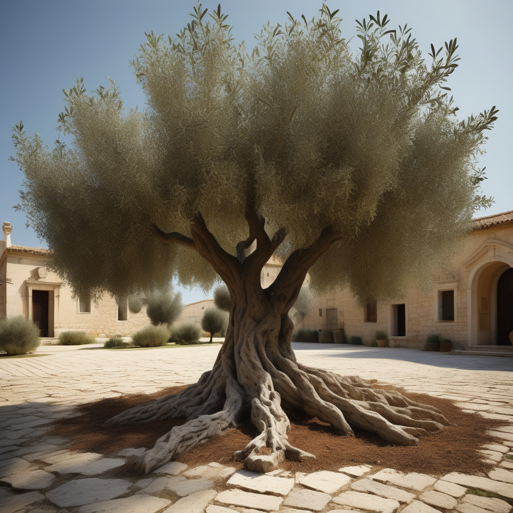 Create a picture of a large and beautiful olive tree and on one side several branches are cut and placed on the ground near the tree