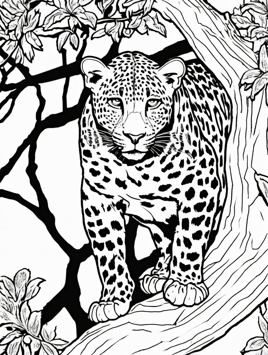 leopard in the tree, coloring page, low details, no colors, no shadows