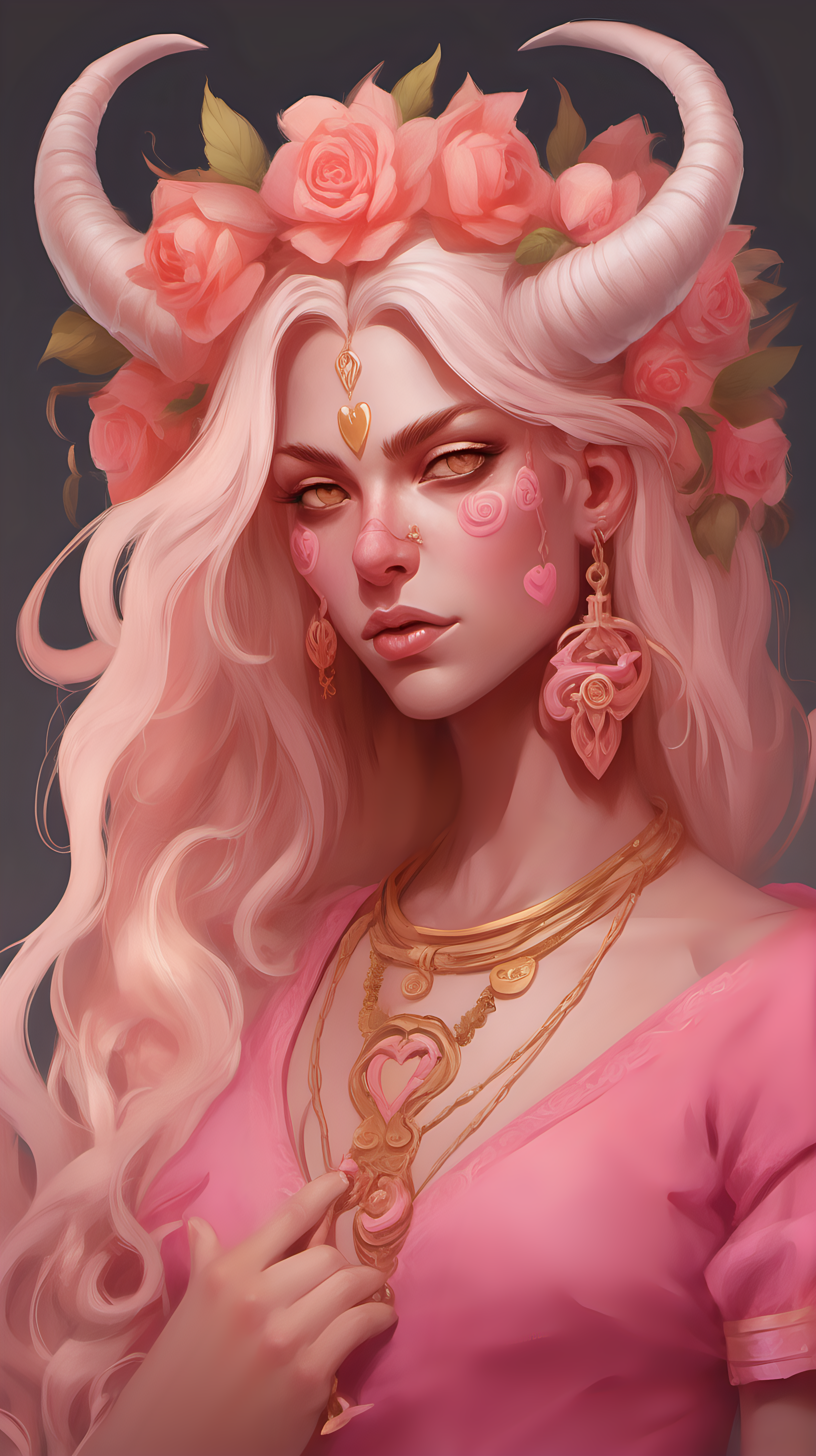 Tiefling woman with pink skin She has white