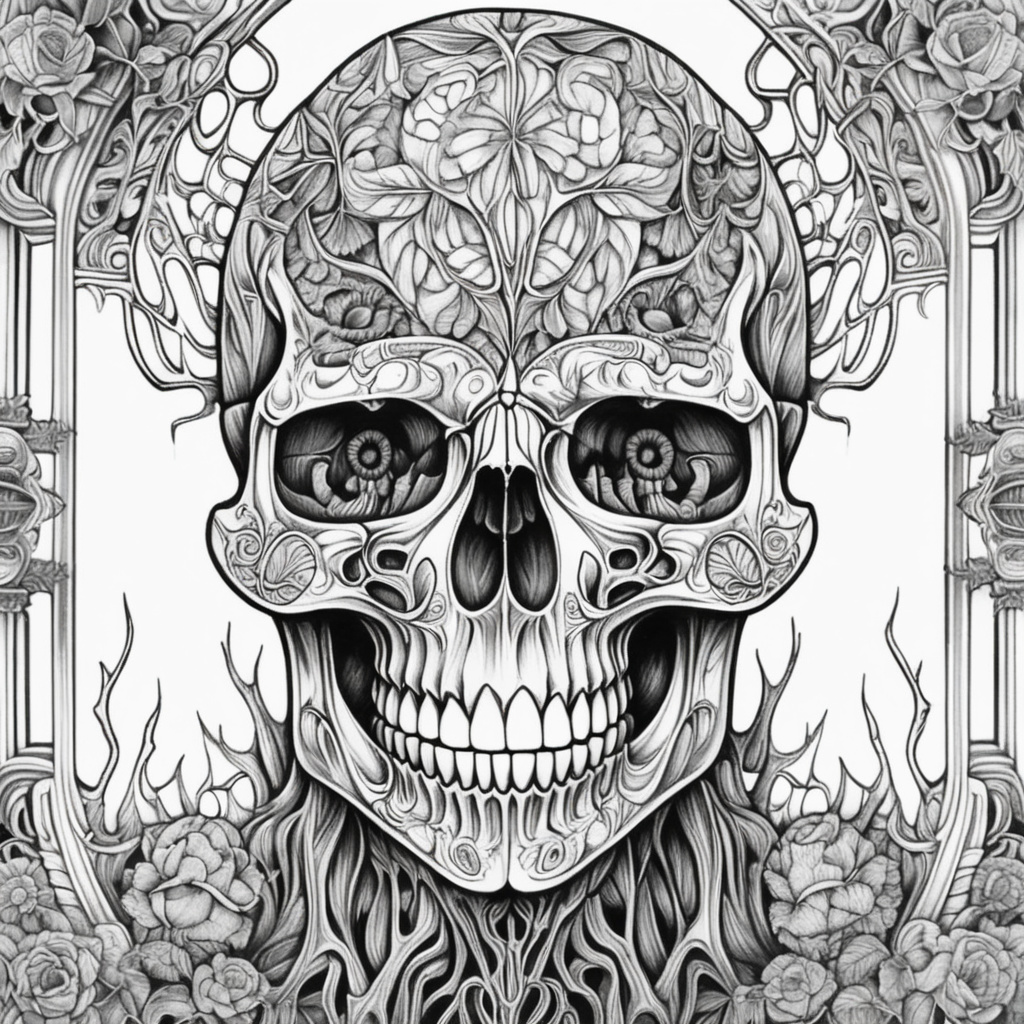 adult coloring book, black & white, clear lines, detailed, symmetrical rotting corpse