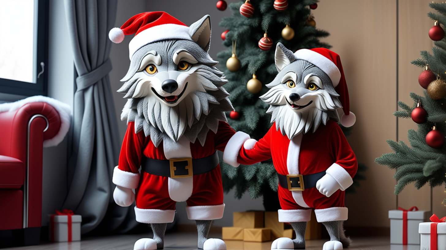 The gray wolf put on a Santa Claus