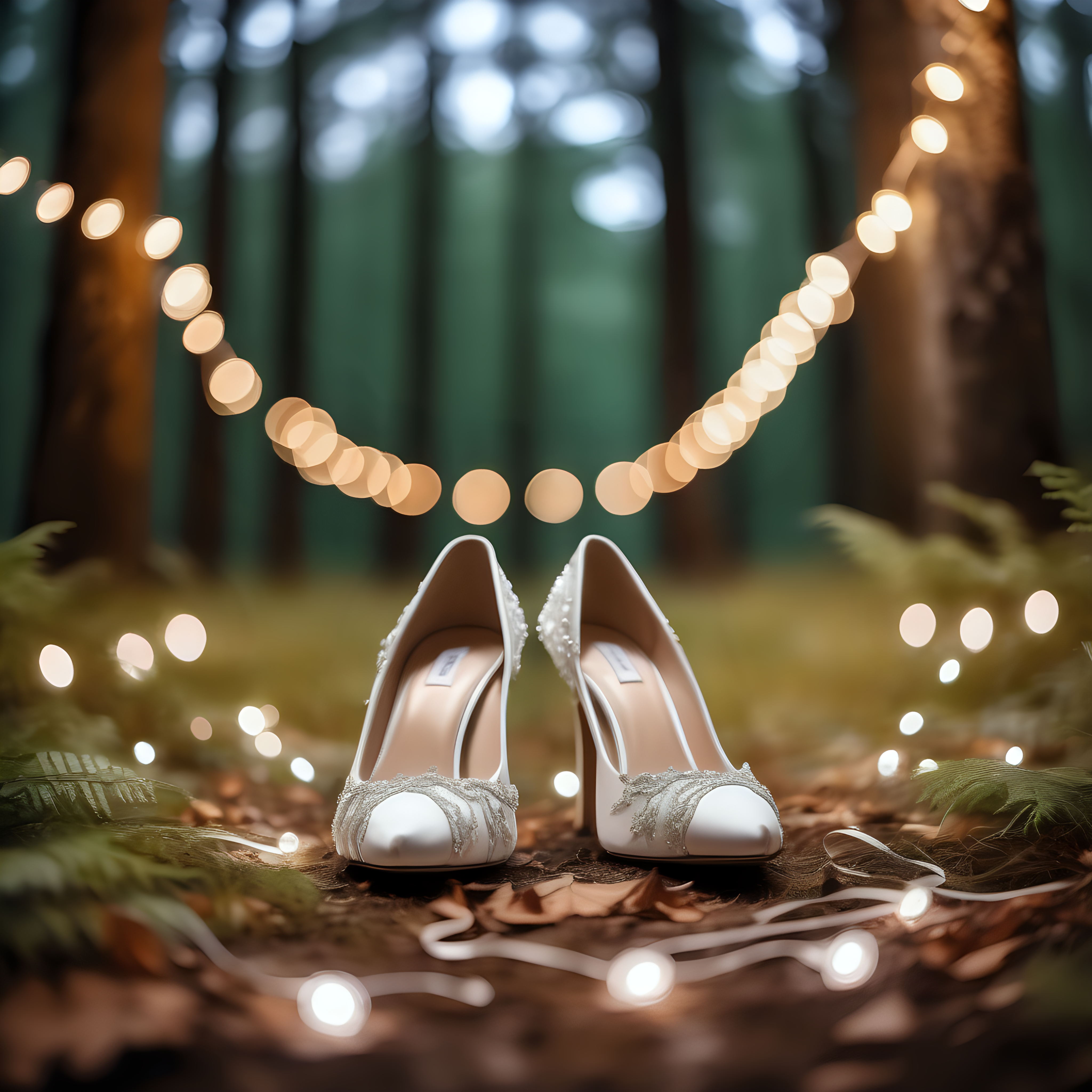 Gorgeous wedding shoes on the ground, surrounded by lights, bokeh background, in a beautiful forest wedding,  ultra high detail, straight on shot