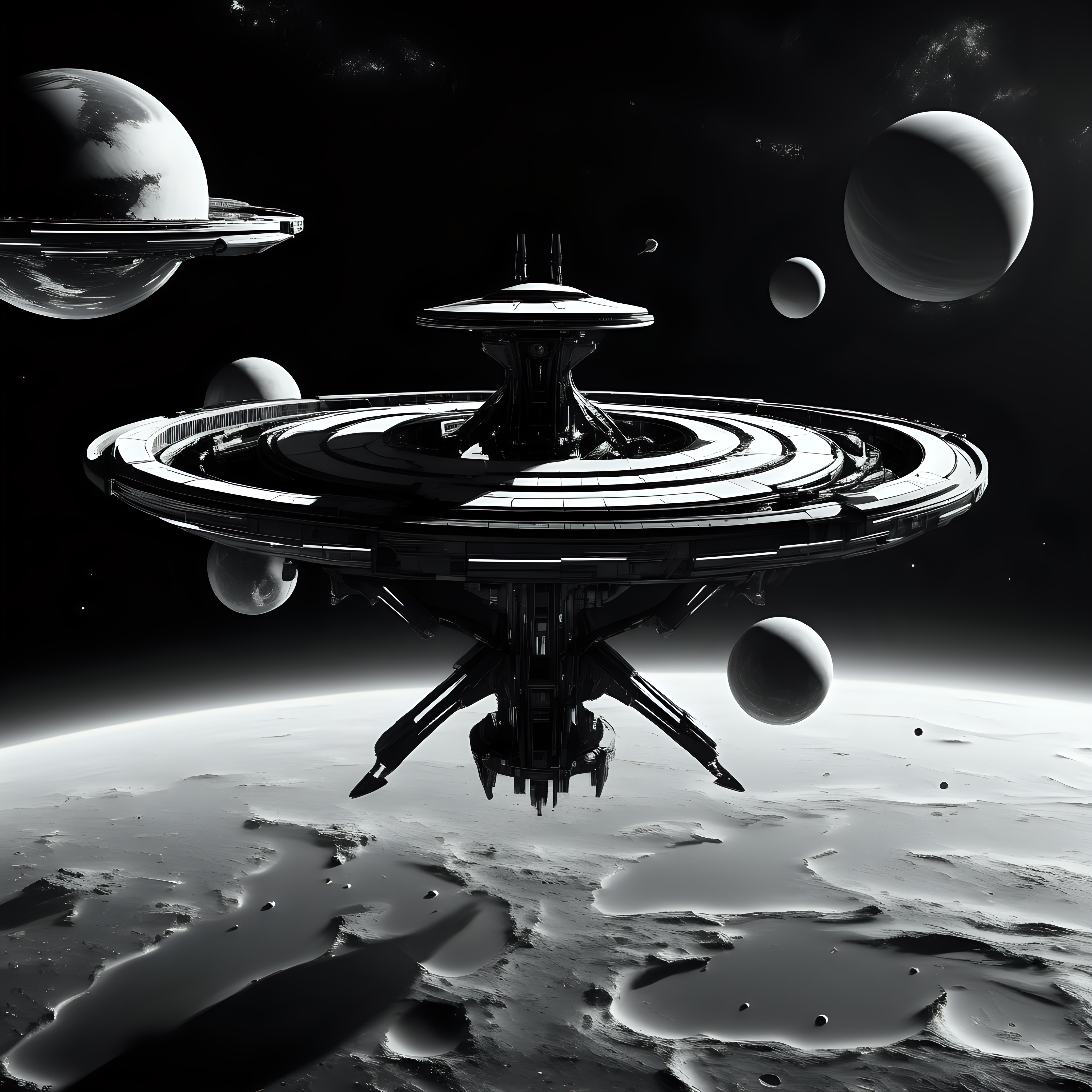 black and white futuristic space weapons platform in orbit with planet in the background