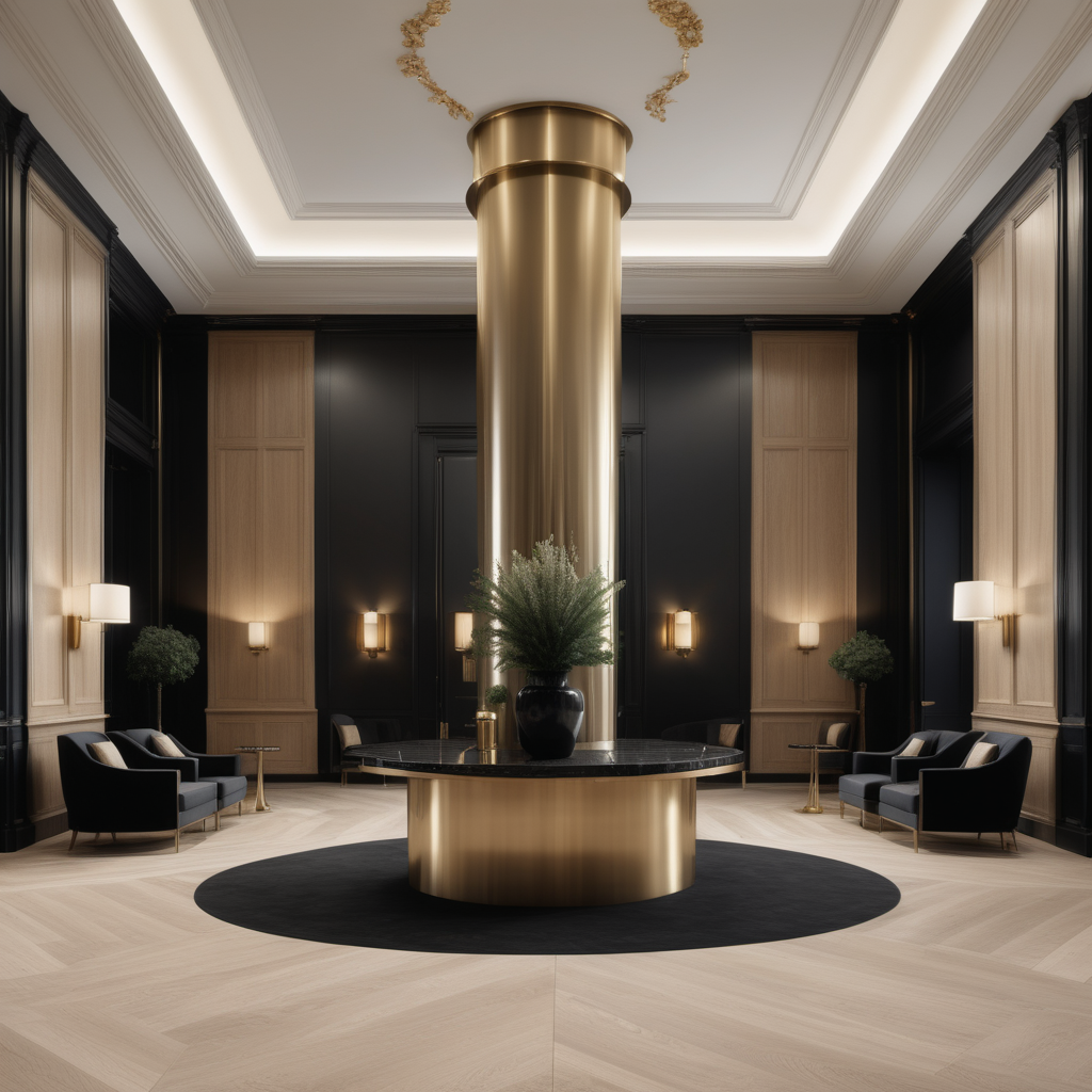 A hyperrealistic image a grand Modern Parisian hotel lobby in a beige oak brass and black colour palette