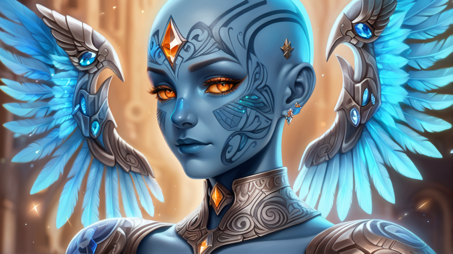 Glowing blue skin with tattoos, bald smooth head, blue glowing colorful eyes, small nose small mouth, glowing suit of armor, wings of crystals, crystal in forhead, light of angles, female, beautiful women, orange eyes,