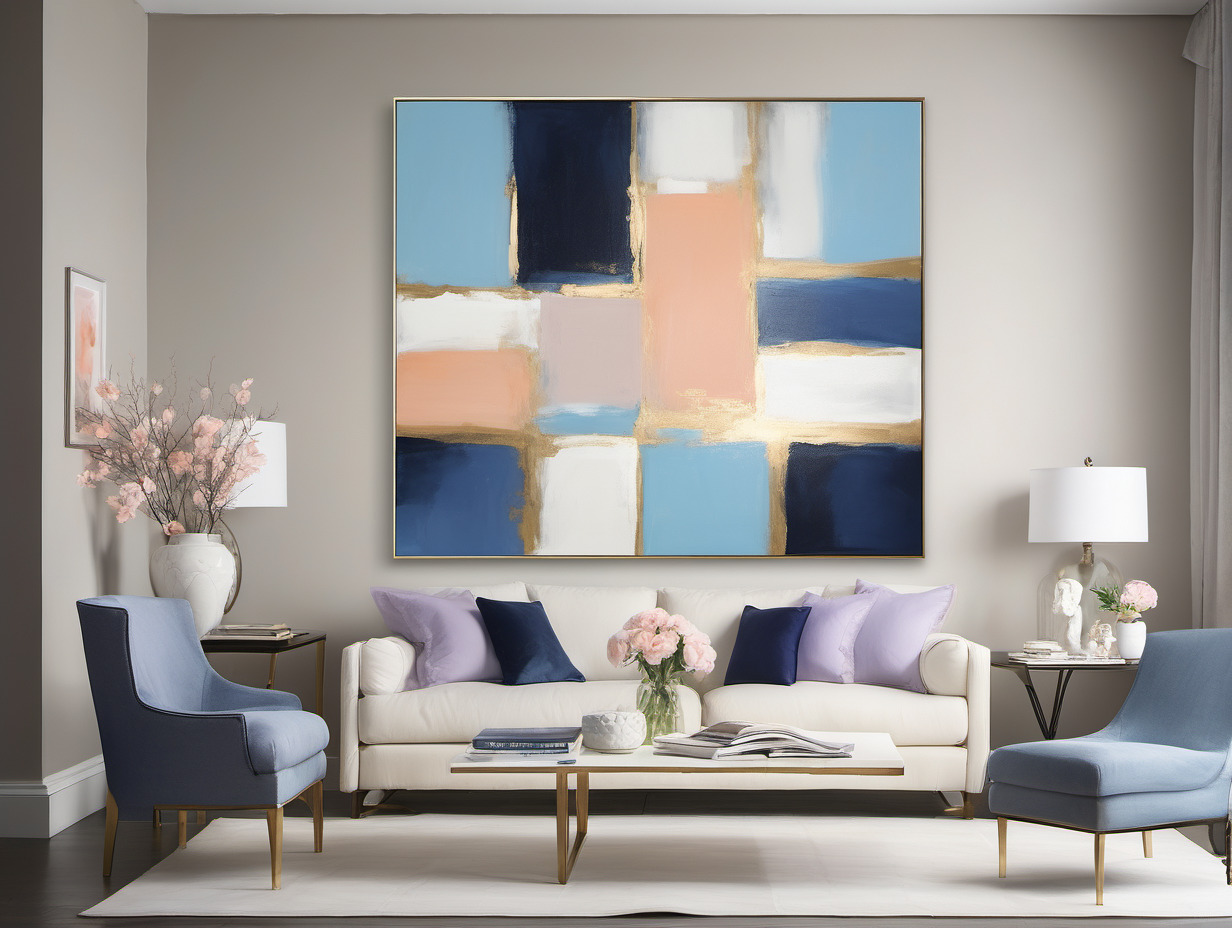 Place the "Tranquil Serenity - A" painting within a home environment, adjusting its scale while maintaining its proportions. This artwork, alive with azure, navy, and sky blue, touched by peach, lavender, and ivory, brings an abstract vision of a blooming garden. Frame it in gold to accentuate its timeless elegance. Set this canvas in a minimalist, well-lit living space that exemplifies a modern and simplistic ambiance, allowing the painting to infuse the area with its calm and creative spirit.