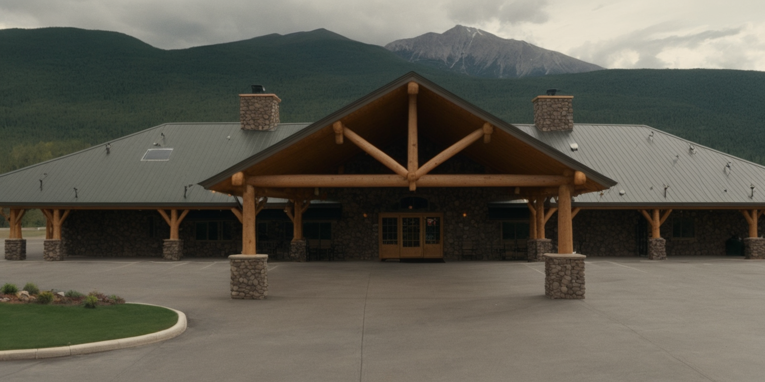 Front view of the exterior front entrance of a large, upscale hunting lodge with an awning. Mountains in the background and the weather is cloudy with sunspots