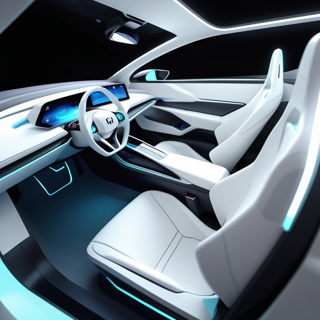 EV car realistic, flat seat, ambient light, Interior design, futuristic concept 2030, Futuristic Honda car, White steering wheel, Big space, Ambient light, connected trim line.