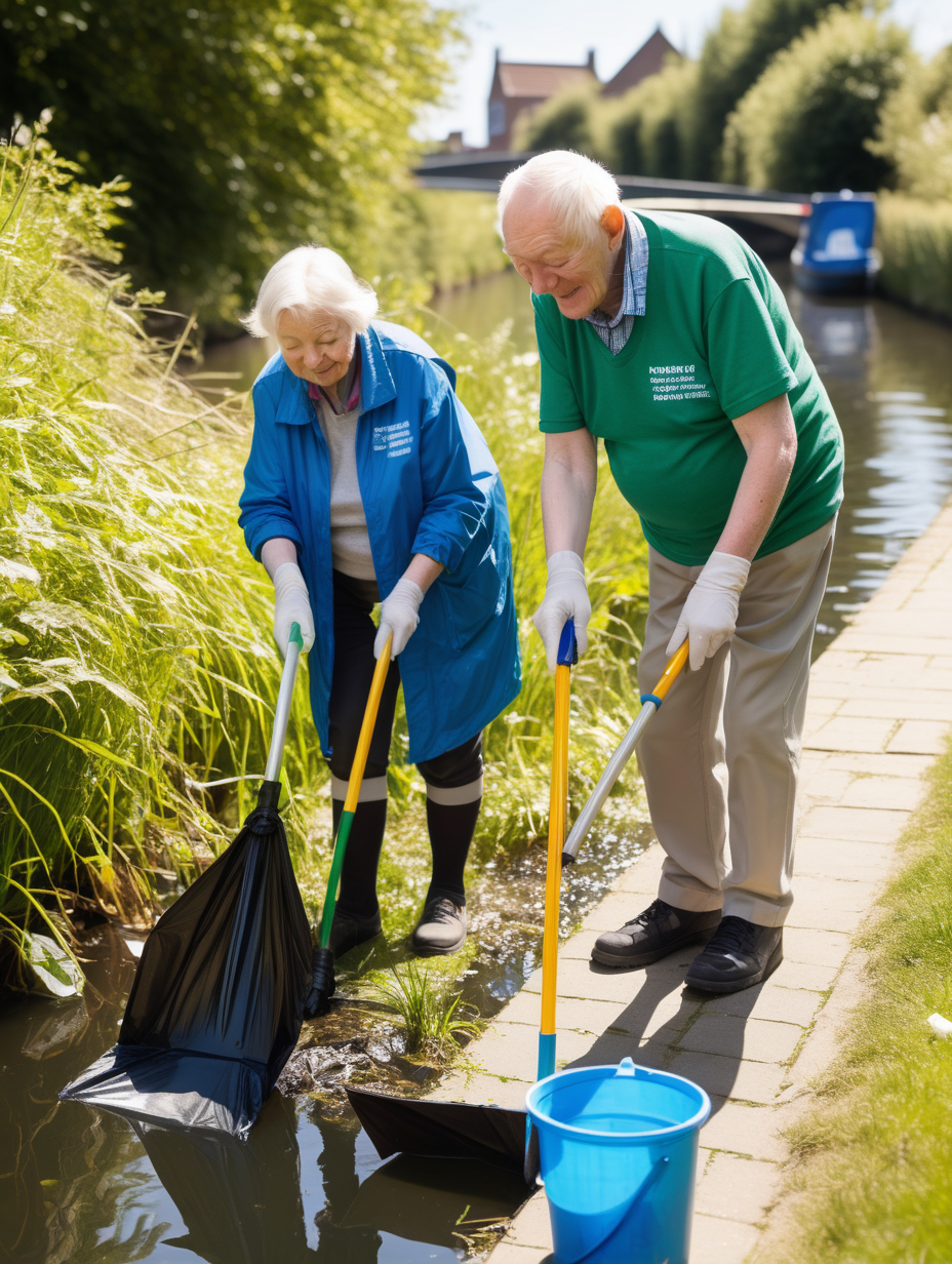 An elderly couple volunteering in a canal clean up, picking up rubbish using litter pick up tool, sunny weather