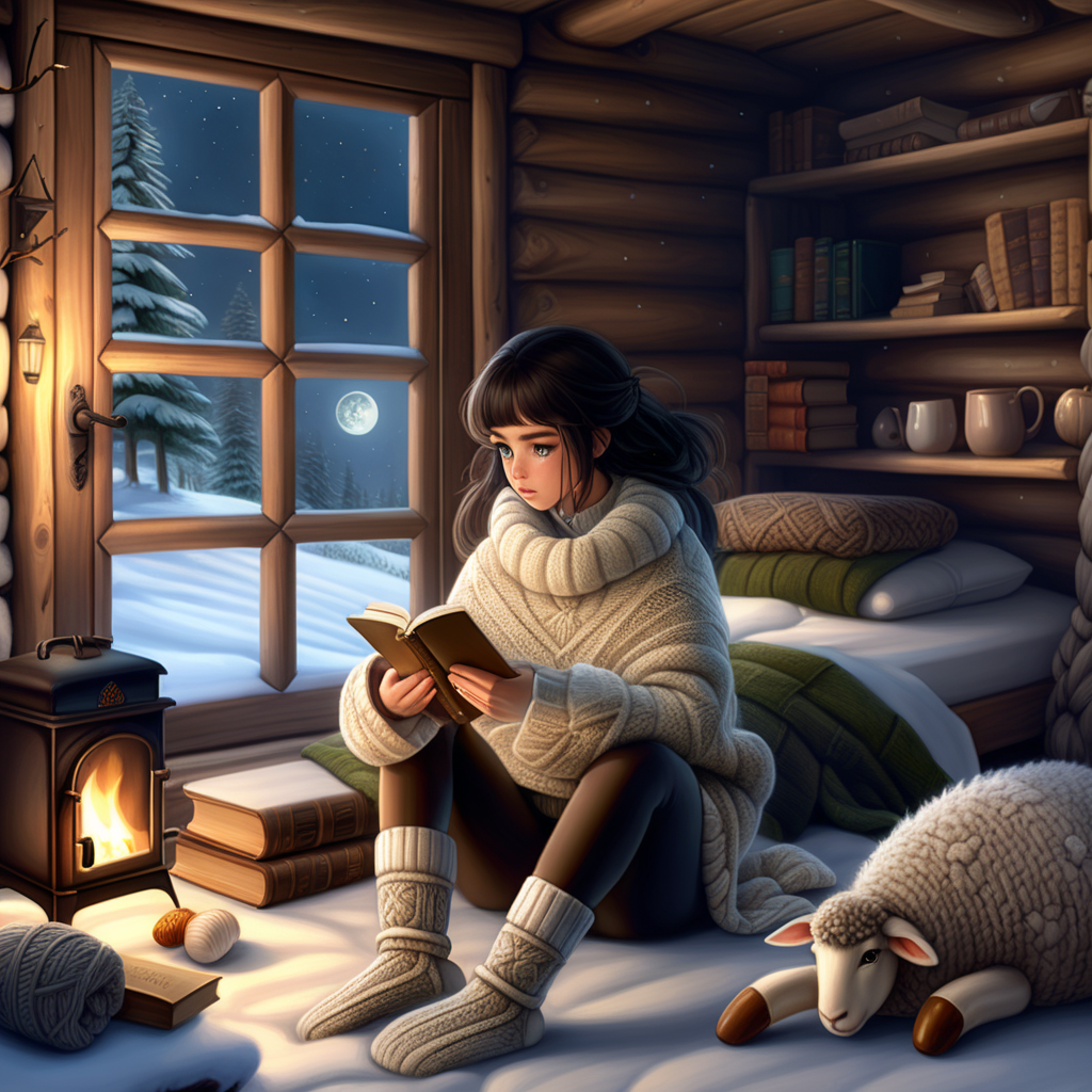 Deep winter and lot of snow outside. Its dark night - only yellow moon on sky and few blinks of light in the snowy tree crowns. Inside cozy wooden winter cabin hot girl with black hair and green eyes lay on wooden low bed covered with brownish soft and mossy lamb skin. There is a big and hot stone fireplace.  Bed is covered with knitted woolen blankets in brown and white. Girl wearing black leggings tights, wrinkled knitted white and brown woolen socks. White without sleeves thick and coarsely woven sweater, knitted woven handmade slippers. Around laying some sci-fi books, unfinished knitted socks - many pairs. Near the wooden door with small windows are thick rubber boots, shotgun, shells, big knife.