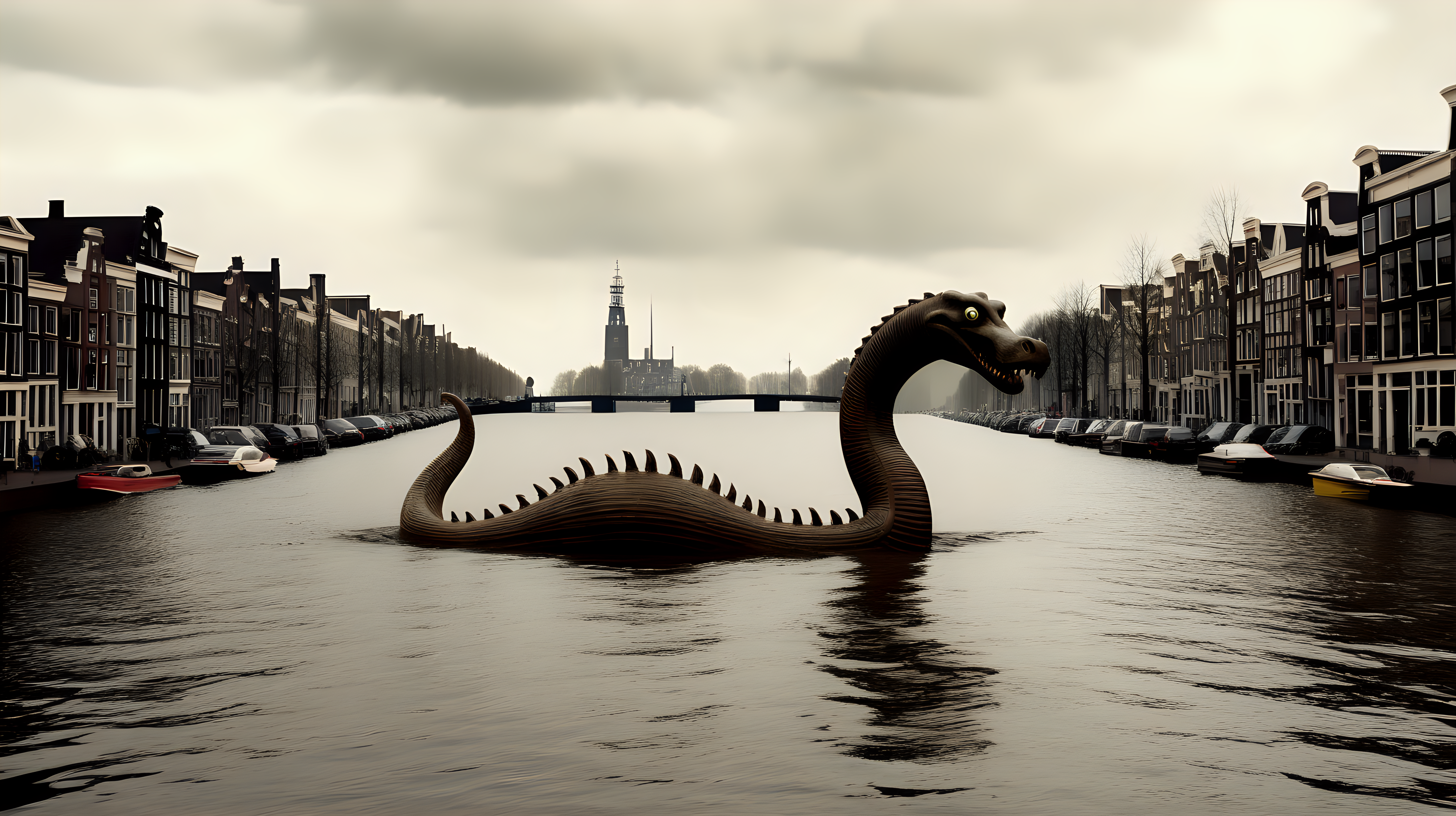 Loch Ness monster destroying Amsterdam