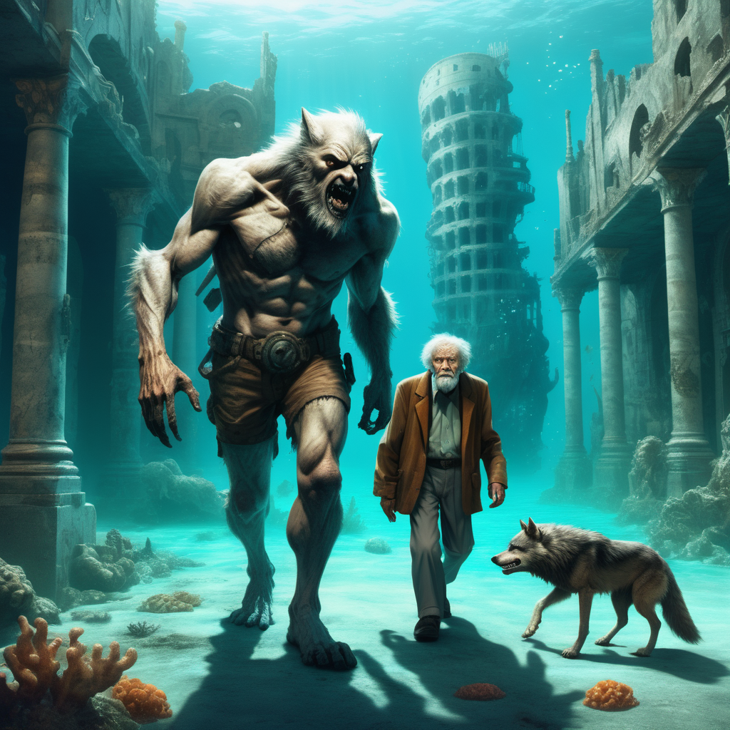  a kind Wolfman  walking side by with  a  frail sick lost old man.  In background the deep underwater city's  ruins of Atlantis