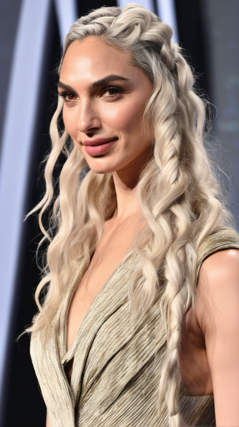 Gal Gadot, with long white blonde hair in a fishtail plait