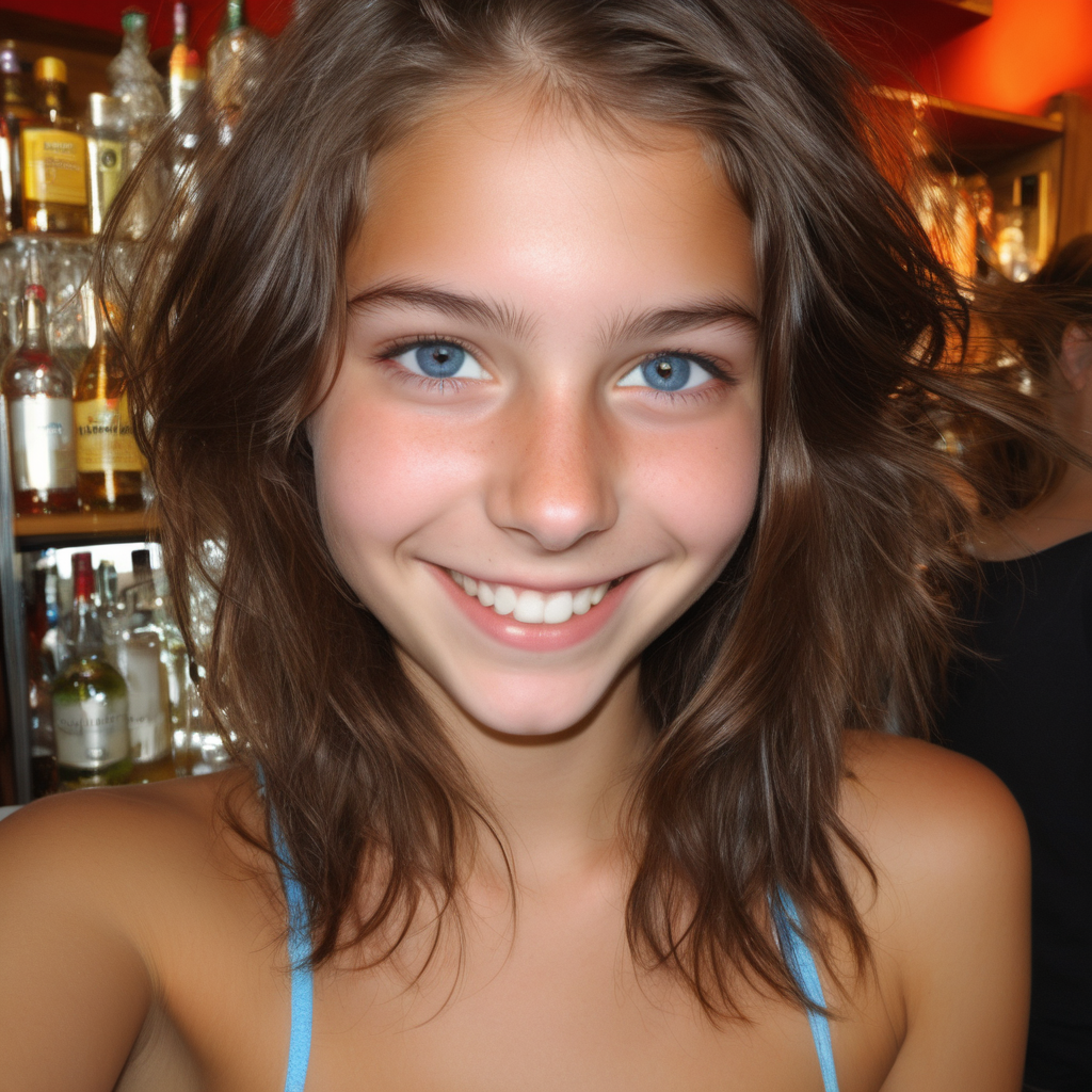 A beautiful, petite, slender, seductive sultry 18 year old girl, 32DDD breasts, shoulder length light brown, tanned, tube top, short skirt, smile, sunny, breezy, blue eyes, bar, holding cocktail