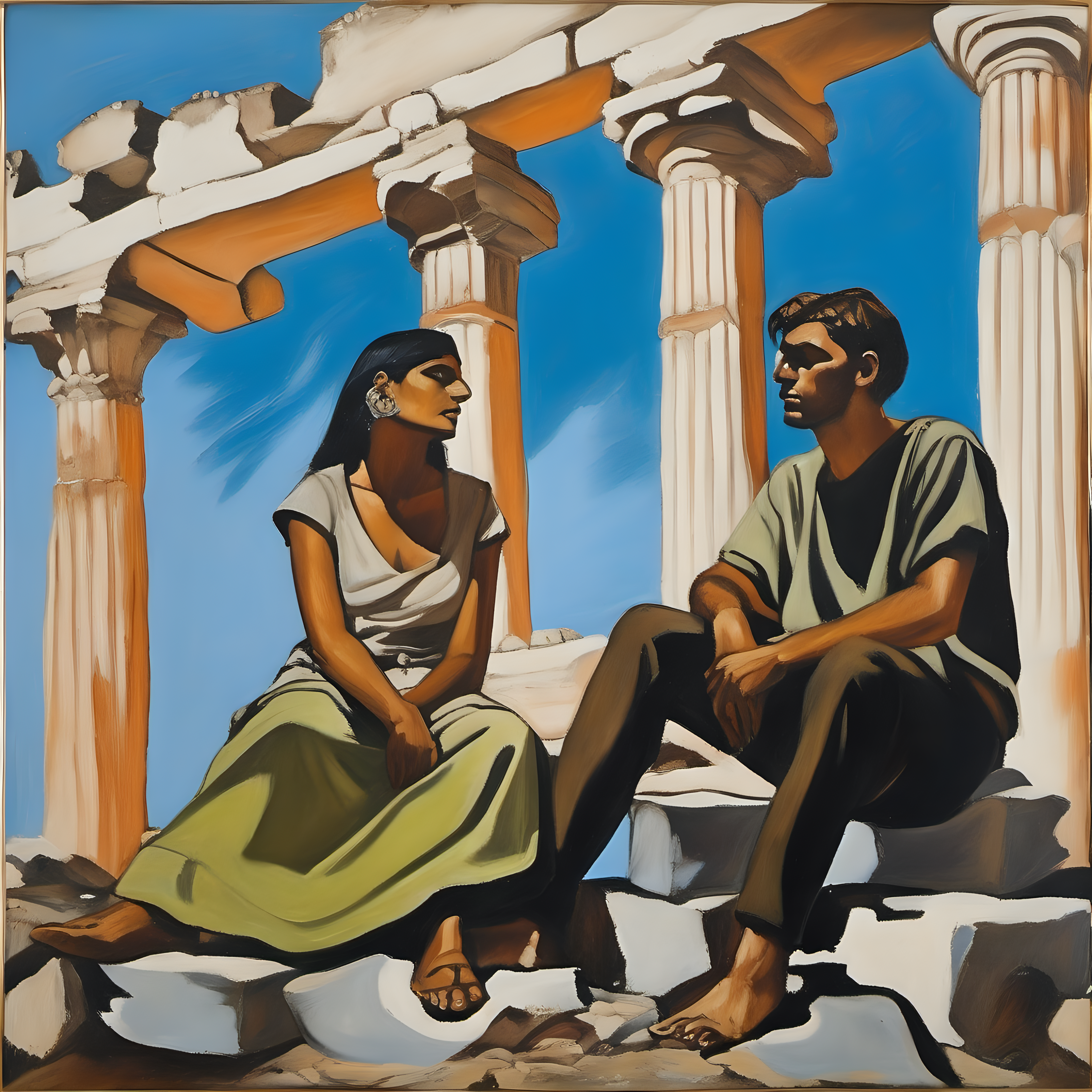 Young German-Indian couple in ancient ruins in Greece, Paula Rego oil painting