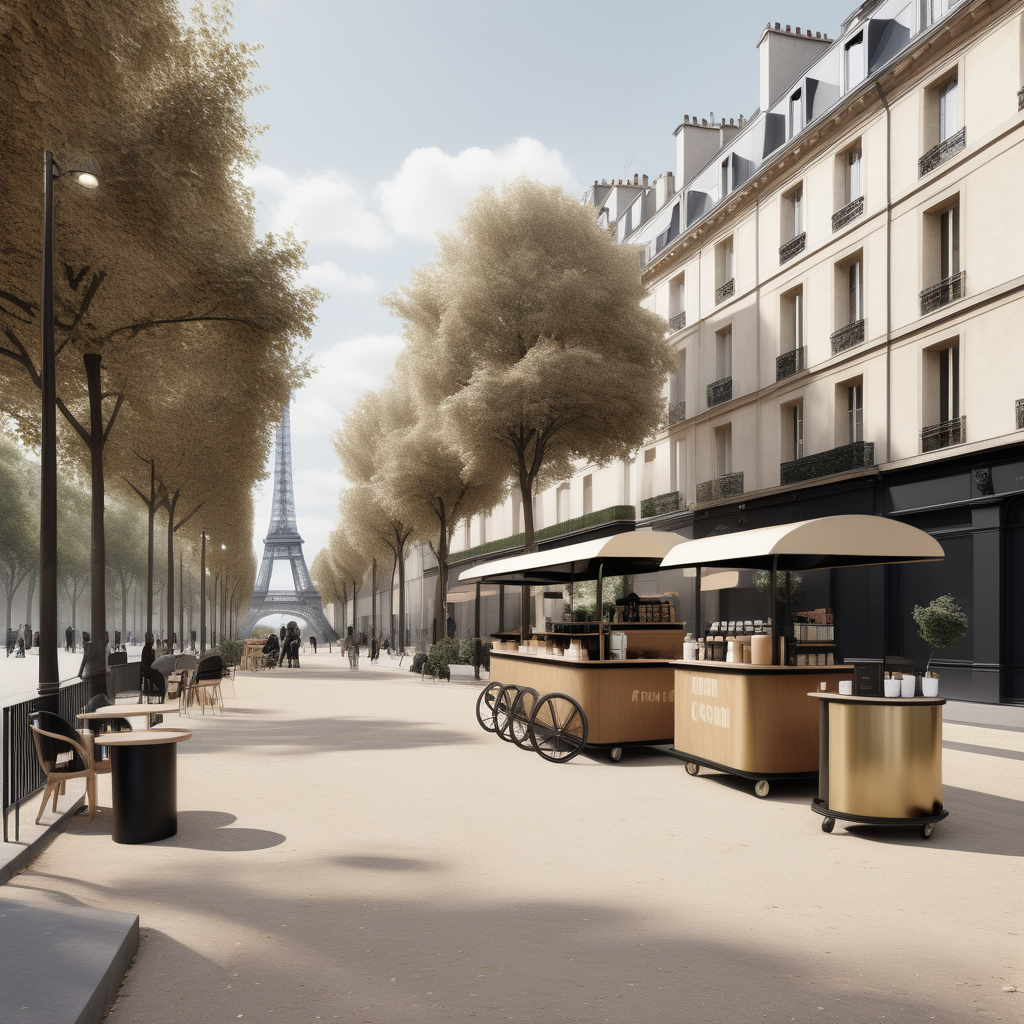hyperrealistic modern Parisian street of  park with coffee cart and playground; beige, oak, brass and black colour palette

