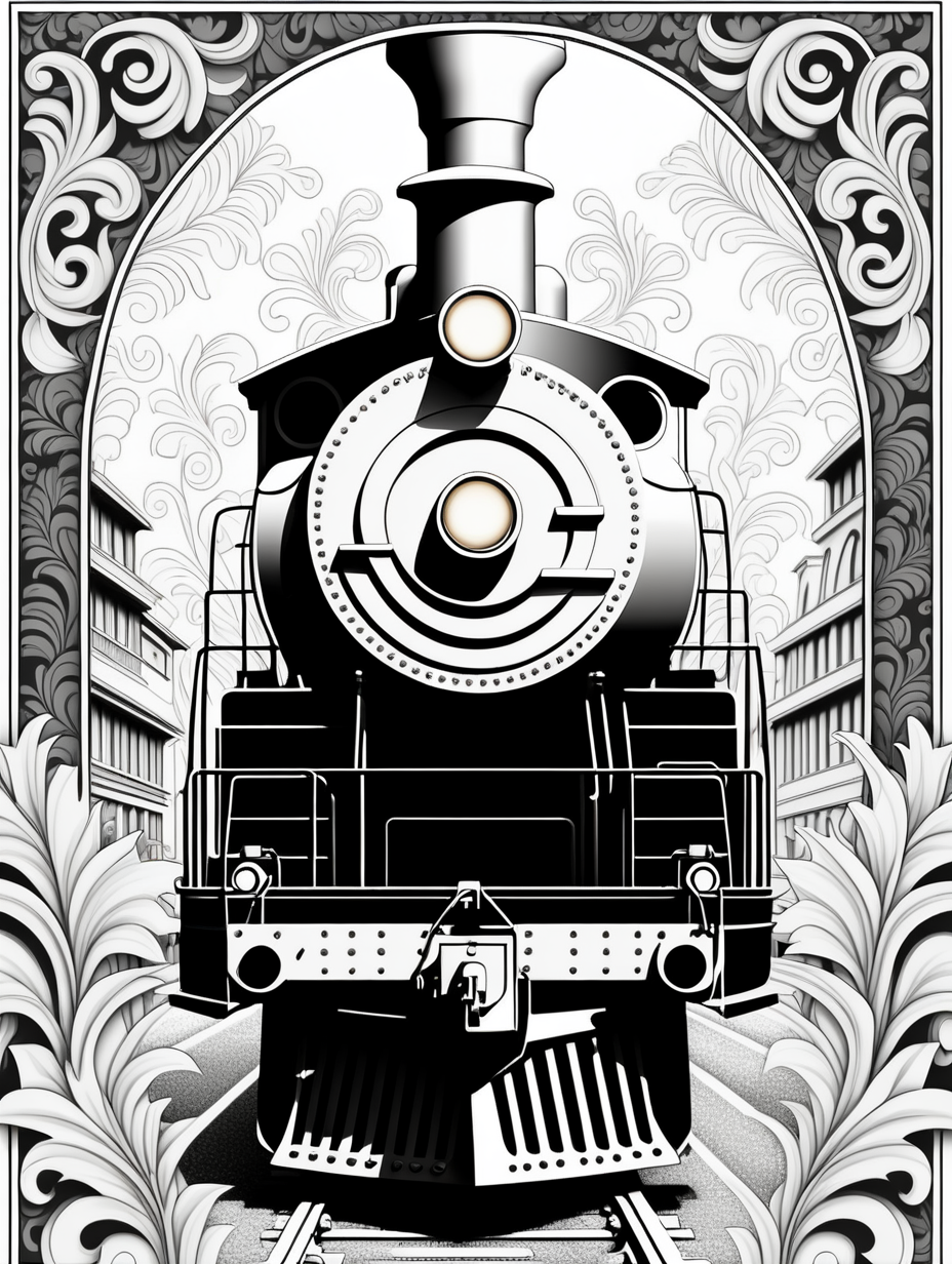 no shading, locomotive, damask Motif Pattern outlined, outline drawing, unfilled patterns, black and white, coloring book page,  clean line art, line art, no shading, clear edges, coloring book, black and white, no color, line work for coloring