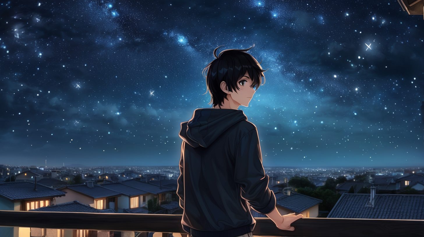 One night, a handsome boy was looking at the sky full of stars from his house, the background of the night sky was very beautiful, he looked from the roof of his house, black hair, wearing modern clothes, simple colorful, high quality, bright eyes, dark, gloomy, color dark, in room, natural eyes,
