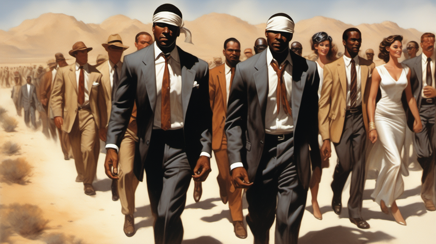 a blindfolded black man with a smile leading a group of gorgeous and ethereal white and black mixed men & women with earthy skin, walking in a desert with his colleagues, in full American suit, followed by a group of people in the art style of Earl Norem comic book drawing, illustration, rule of thirds