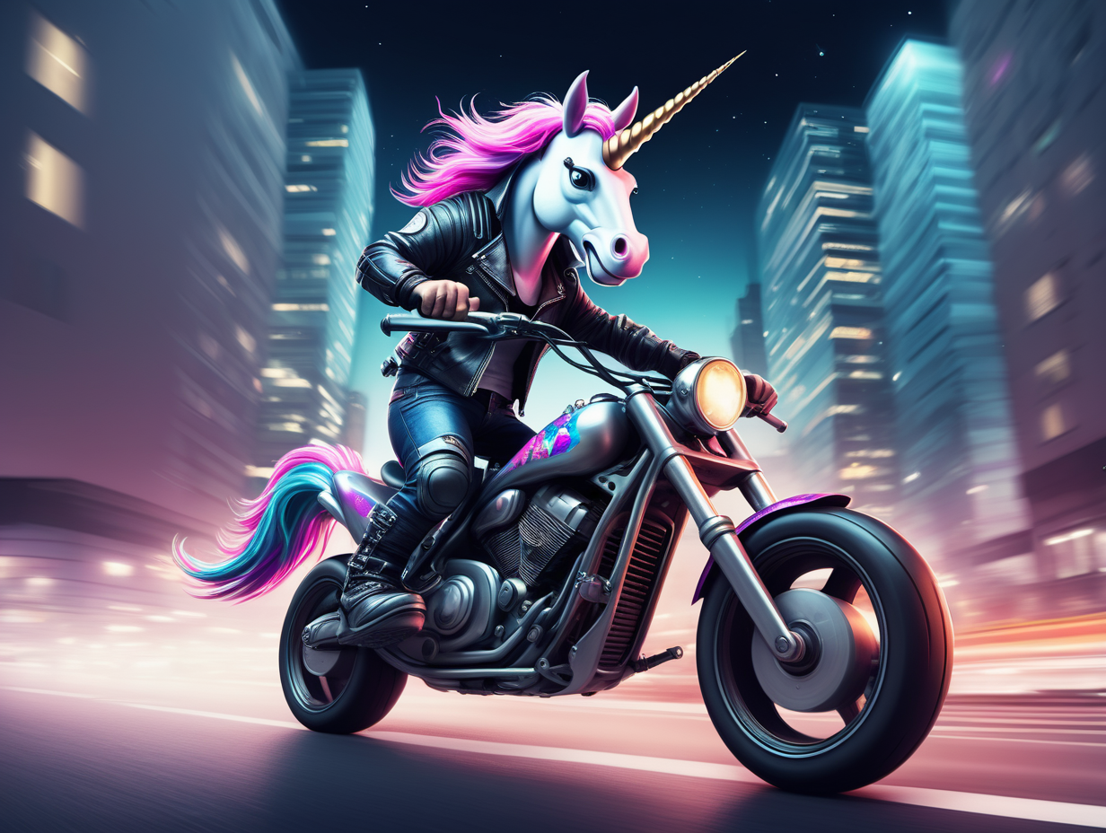 Cartoonish unicorn biker in biker gear speeding through