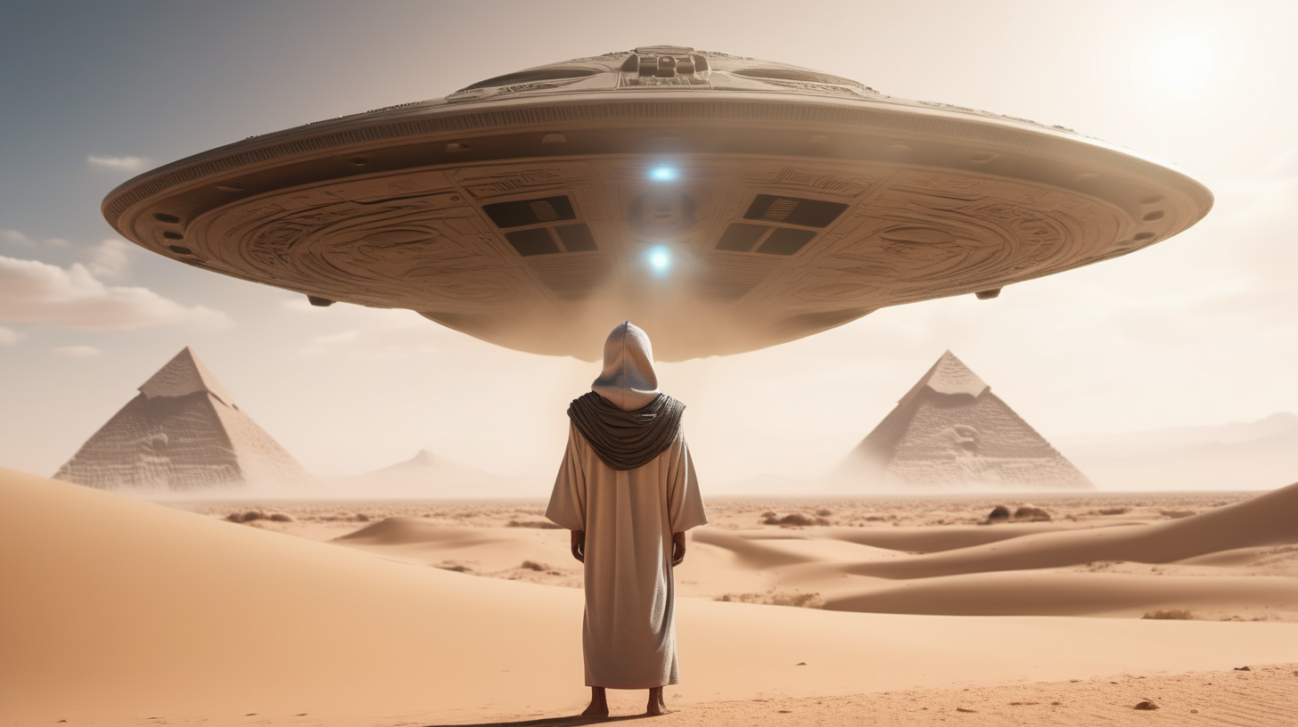 8k image, Egyptian male looking at an alien spaceship, wearing a robe, in the desert, protecting his face from dust, windy, alien spaceship hovering in the air