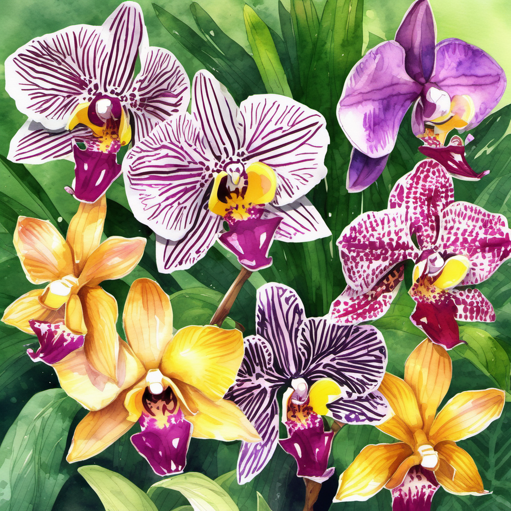 /envision prompt: A watercolor image of an assortment of exotic orchids. The flowers are illustrated with intricate details showcasing their unique patterns and bright colors such as fuchsia, purple, and yellow. They are set against a background of lush green foliage that enhances the vibrancy of the orchids. The lighting is soft, imitating a warm, sunlit greenhouse environment. --v 5 --stylize 1000