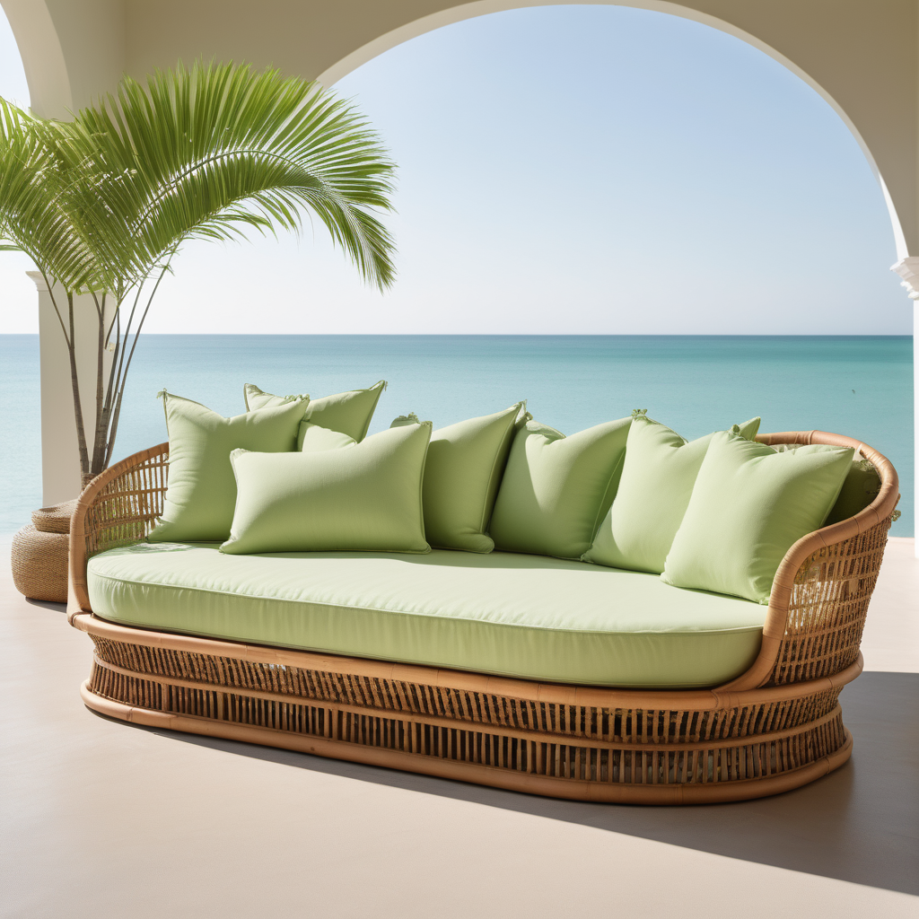 a cane daybed with light green cushions beachside