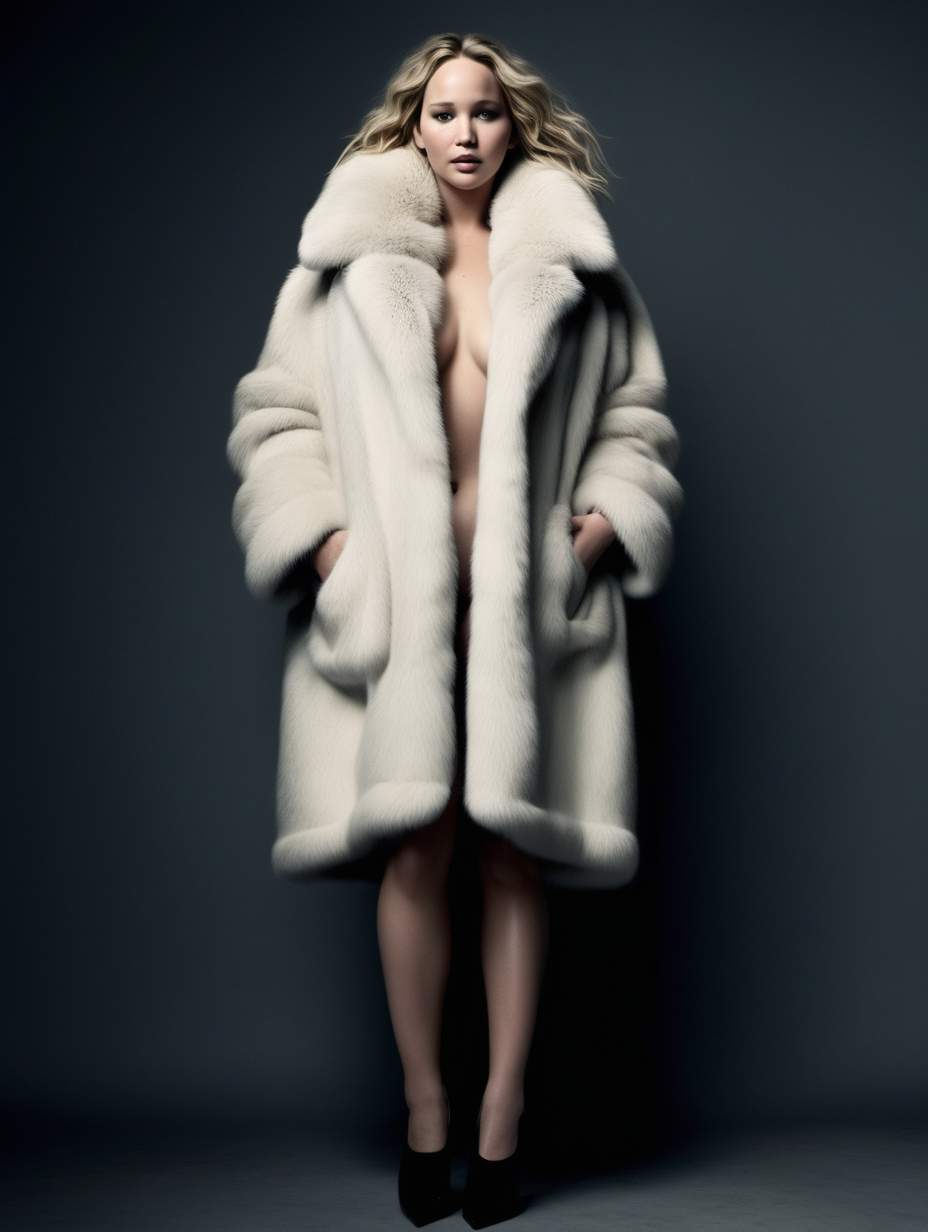 Jennifer Lawrence naked wearing a gigantic super fine thick soft oversized rotfuchs coat with massive fine fur collar, full body shot, black high heels, hands in pockets